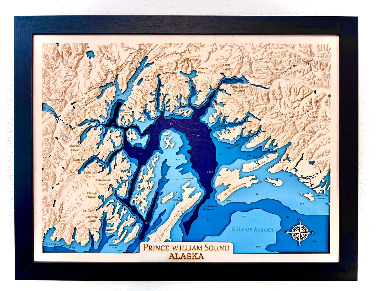 Topographic map of Prince William Sound, Alaska with a black frame.