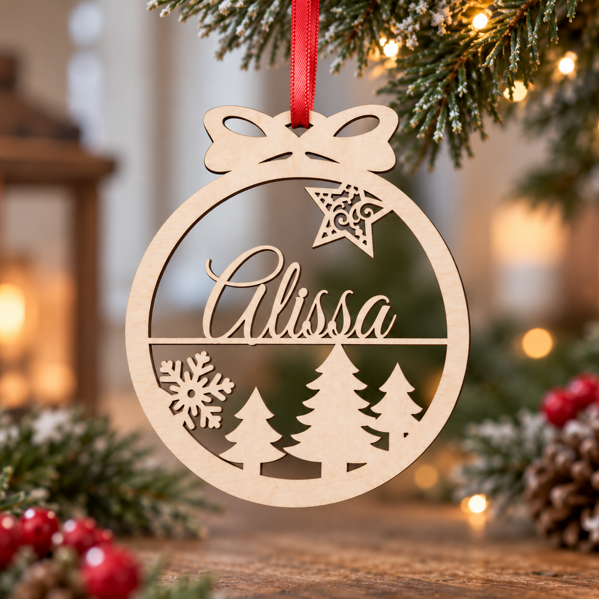 A personalized wooden Christmas ornament hanging from a red ribbon, featuring the name 'Alissa' in cursive with laser-cut designs of a star, snowflake, pine trees, and a bow. The ornament is displayed on a wooden table in a festive holiday setting with blurred lights and greenery.