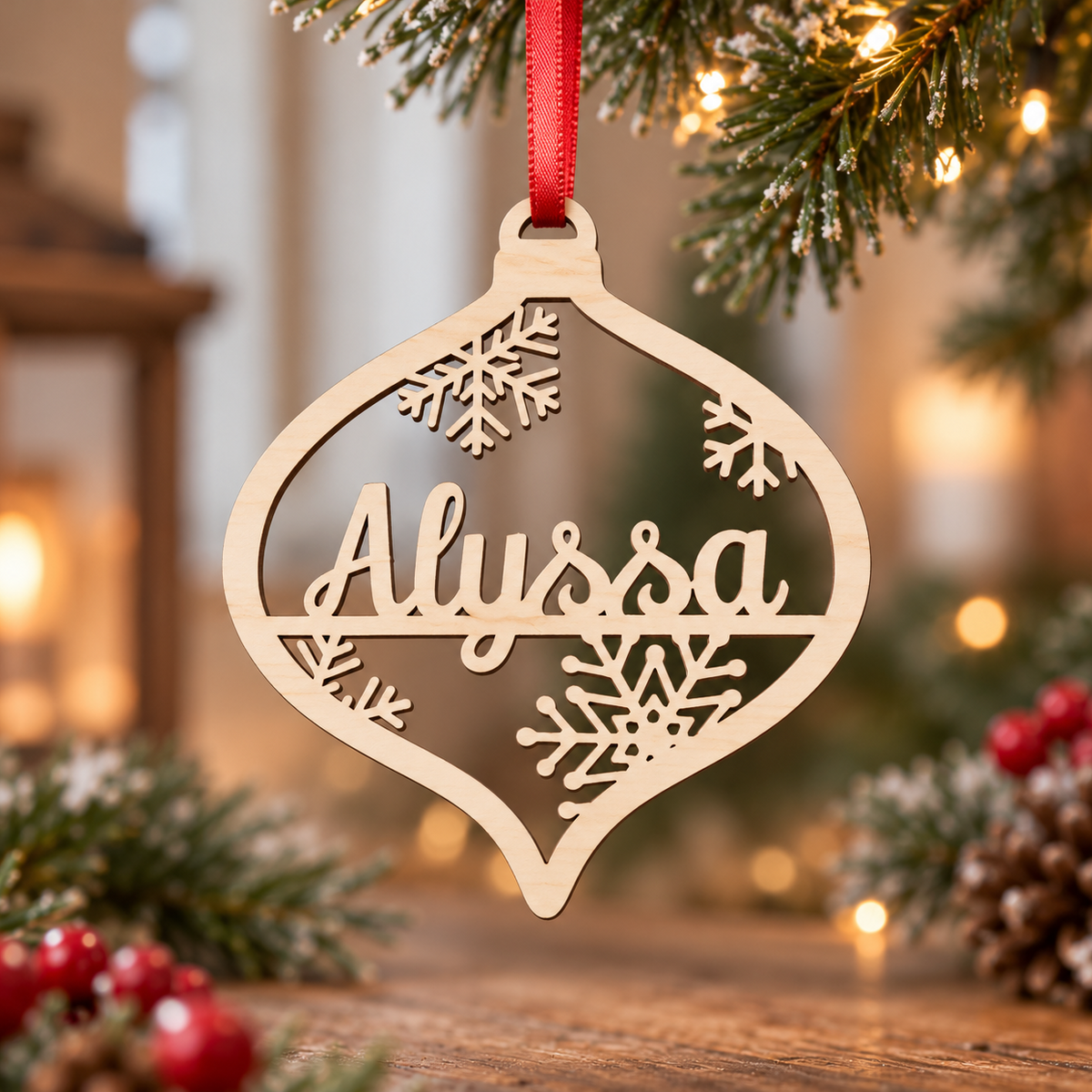 A personalized wooden Christmas ornament hanging from a red ribbon, featuring the name 'Alyssa' in cutout script with snowflake designs, set against a warm, blurred holiday background with lights and pine branches.