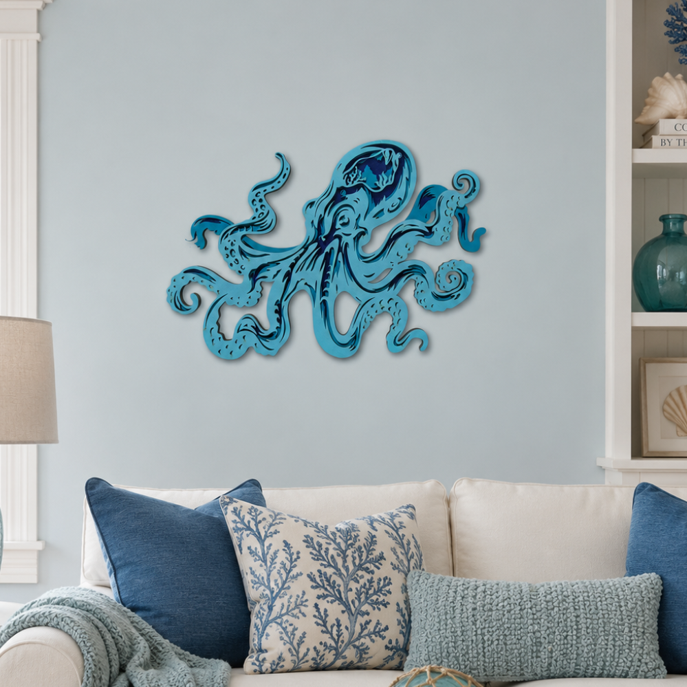 Living room with a blue octopus wall art piece, white sofa with decorative pillows, and a lamp.