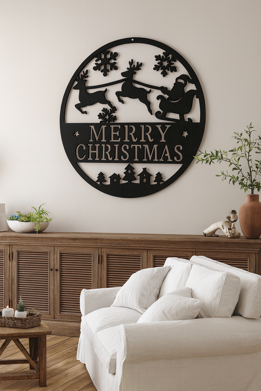 Decorative wall art with 'Merry Christmas' text in a living room setting.