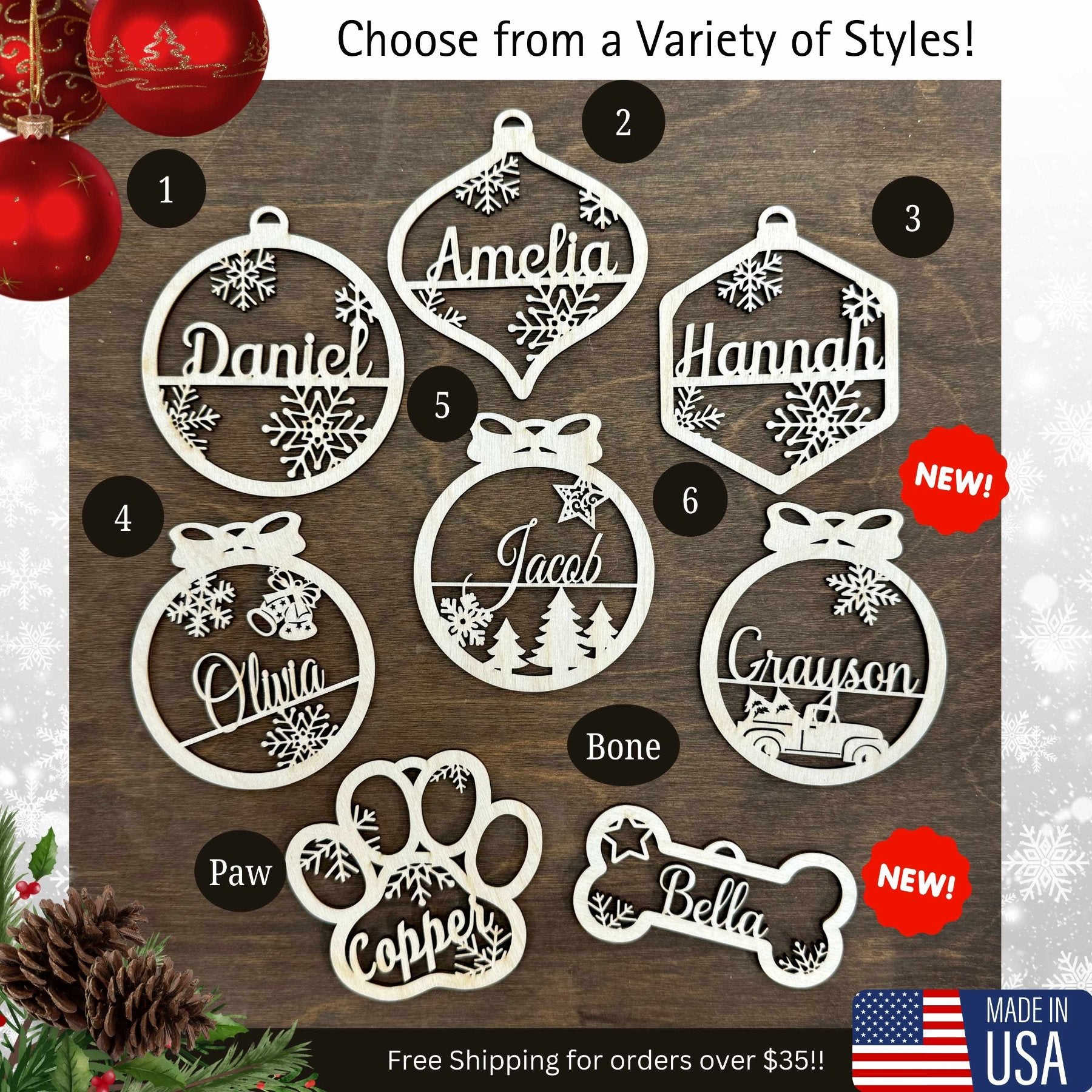 Personalized wood ornaments made from Baltic birch and personalized with a custom name or date. Great gifts for children or grandchildren. There is a dog paw, bone shaped ornament as well as many styles to choose from for friends and family.