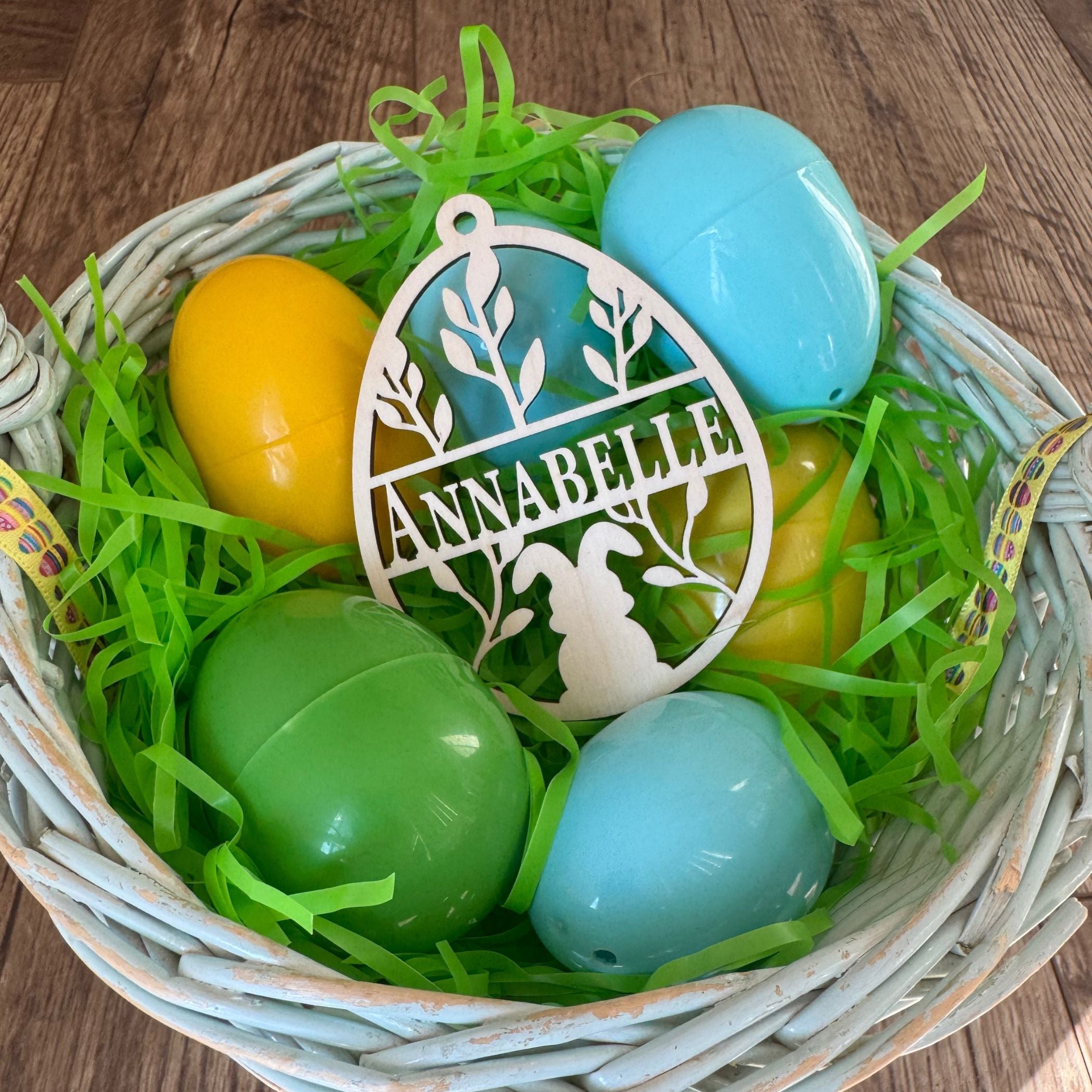 Easter name tag ornament used for Easter basket made in Alaska from baltic birch.