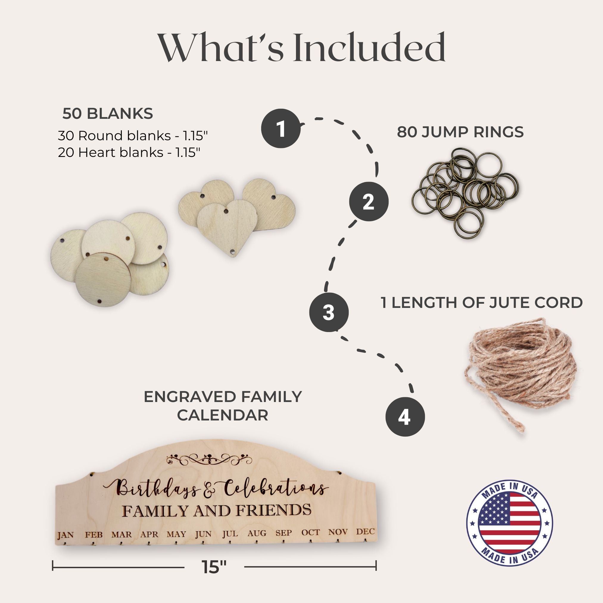 Family birthday calendar list of what's included. Jute cord, engraved birthday calendar, and sets of round and heart shaped blanks.