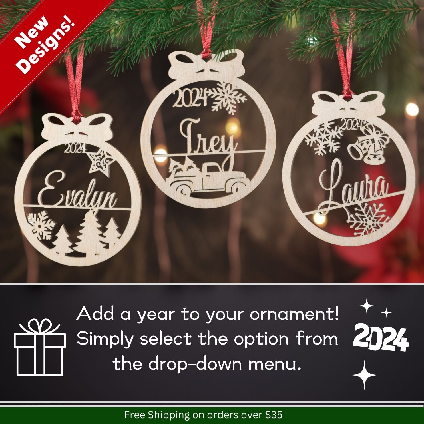 Custom christmas ornaments personalized with a name and the year. Add a name or date to the ornament to make the perfect customized gift for a child, grandchild, parent or friend. There are multiple shapes including one with trees, another with a vintage truck, adn another with a delicate bells shape.