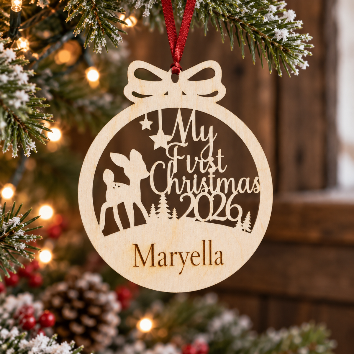 A personalized round wooden Christmas ornament hanging from a red ribbon, featuring a laser-cut reindeer silhouette and the text 'My First Christmas 2026' and 'Maryella', set against a blurred Christmas tree background with warm lights.