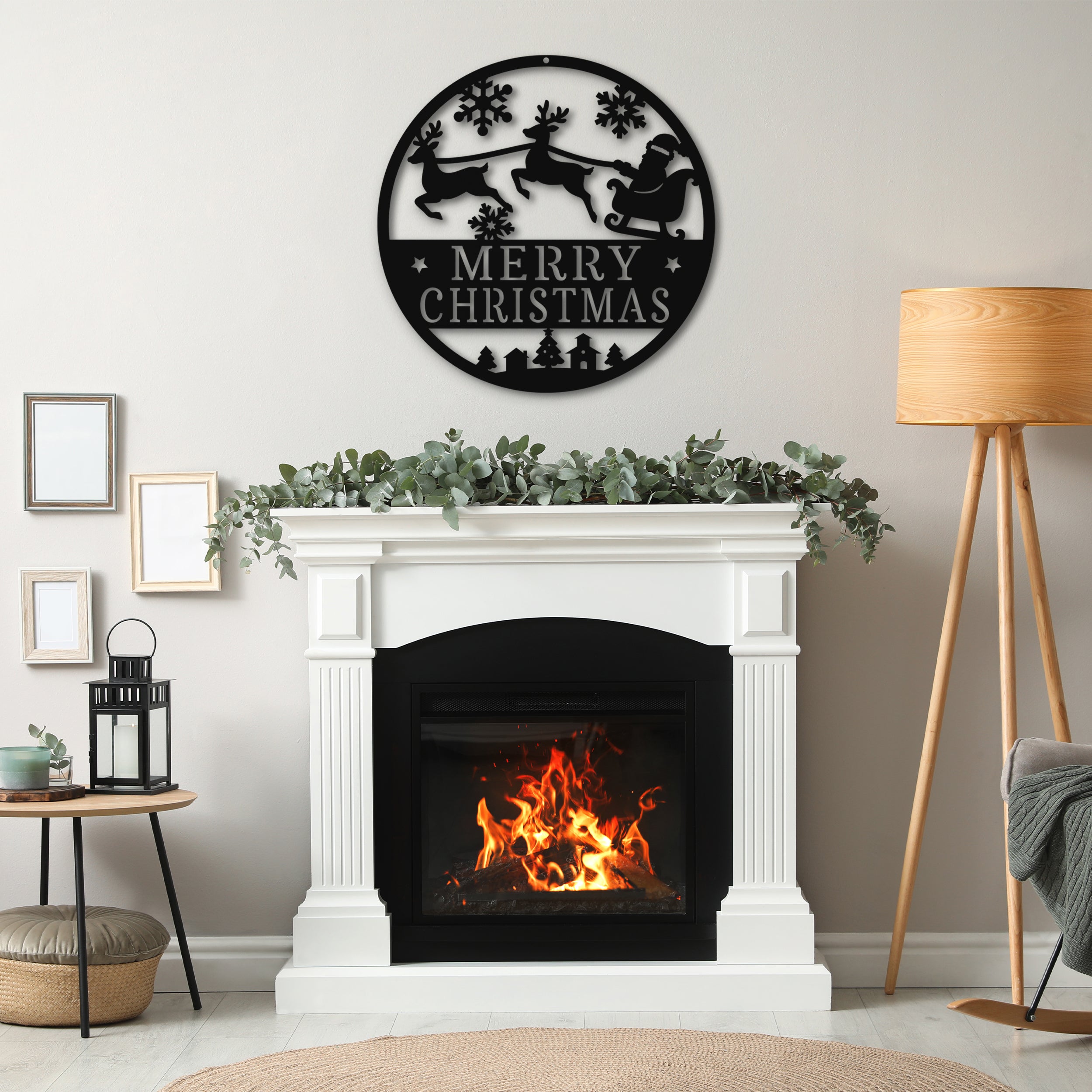 Decorative Christmas wall art above a fireplace with festive decor.