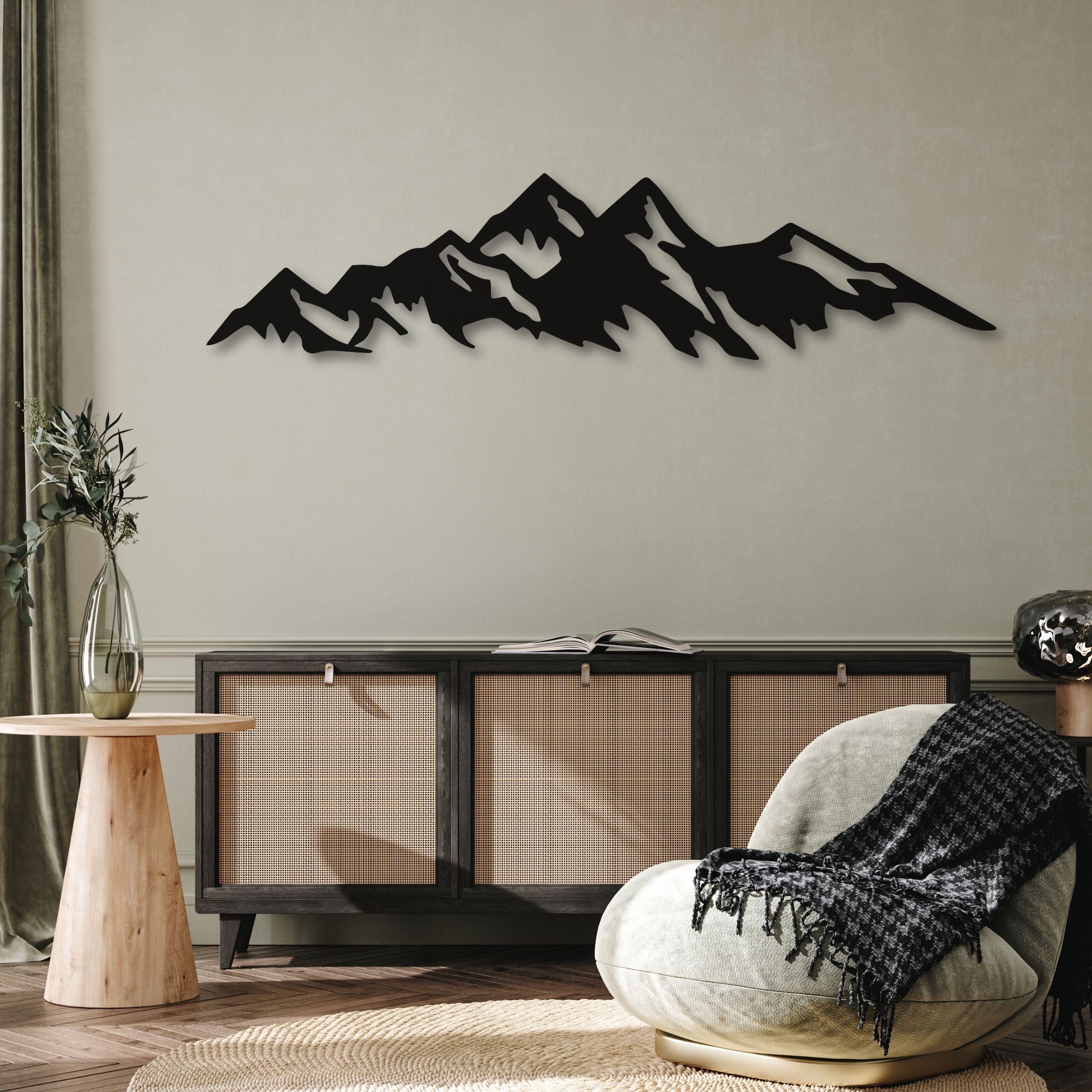 Metal mountain wall art in a living room