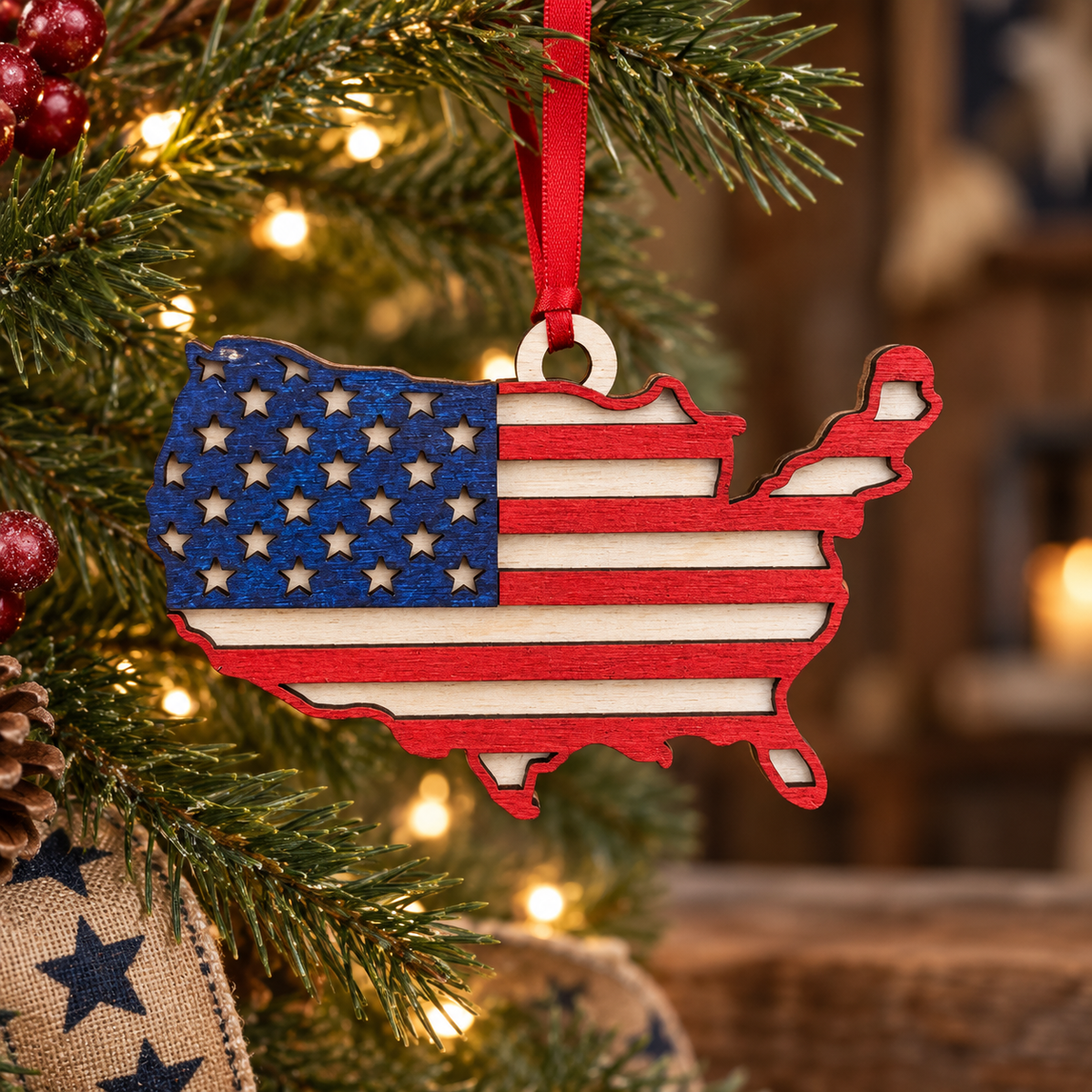 A wooden USA map Christmas ornament with an American flag pattern, hanging from a red ribbon on a decorated Christmas tree.