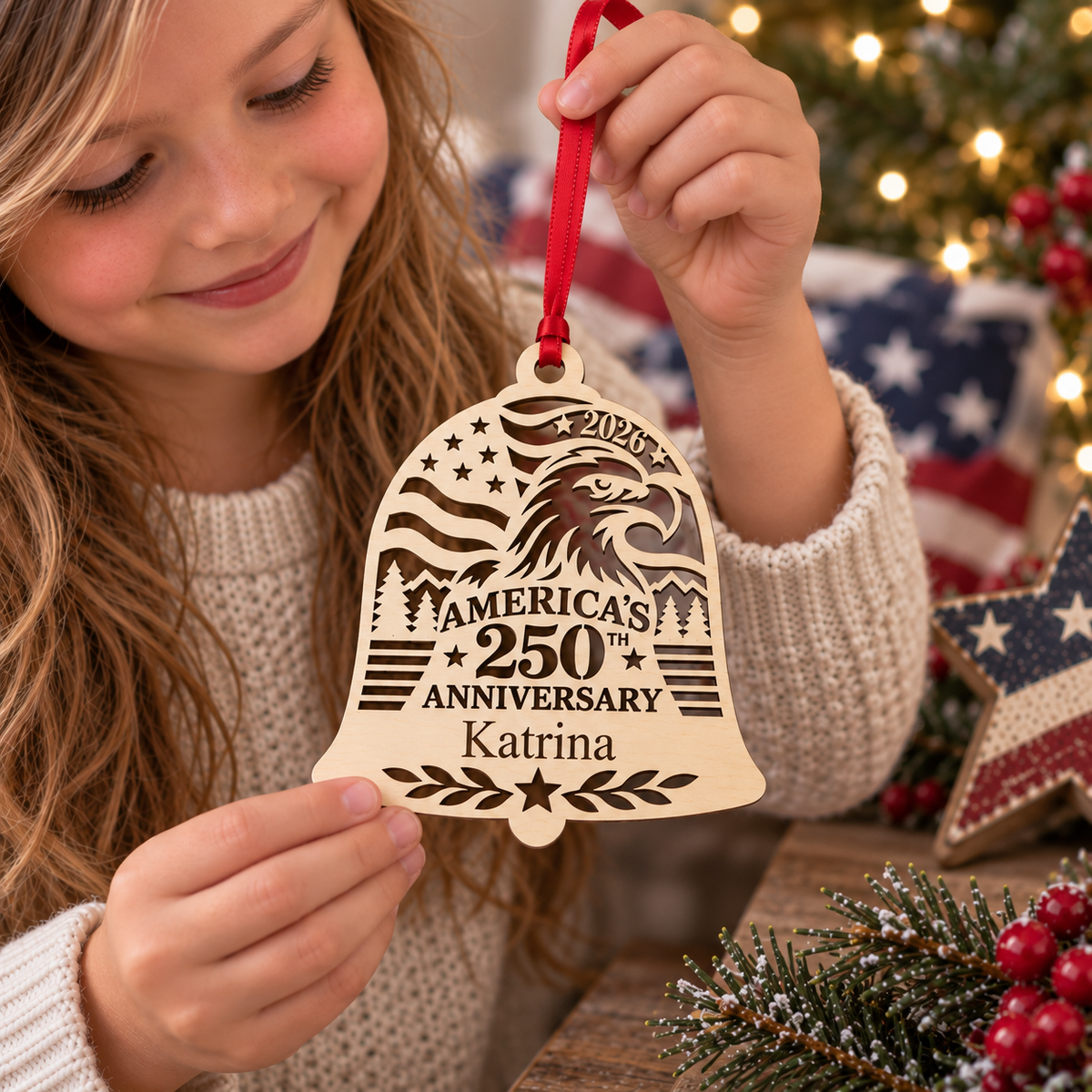 A young girl holds a personalized wooden Christmas bell ornament with a red hanging ribbon. The ornament features a laser-cut design of an eagle, stars, and the text 'America's 250th Anniversary Katrina'.