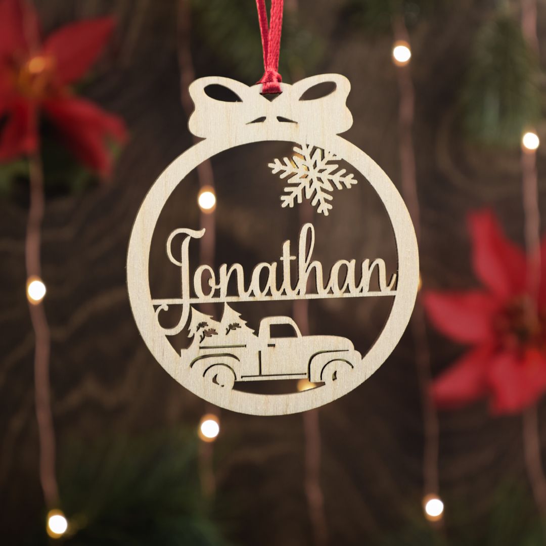 Custom ornament bauble with a name and a vintage truck design.
