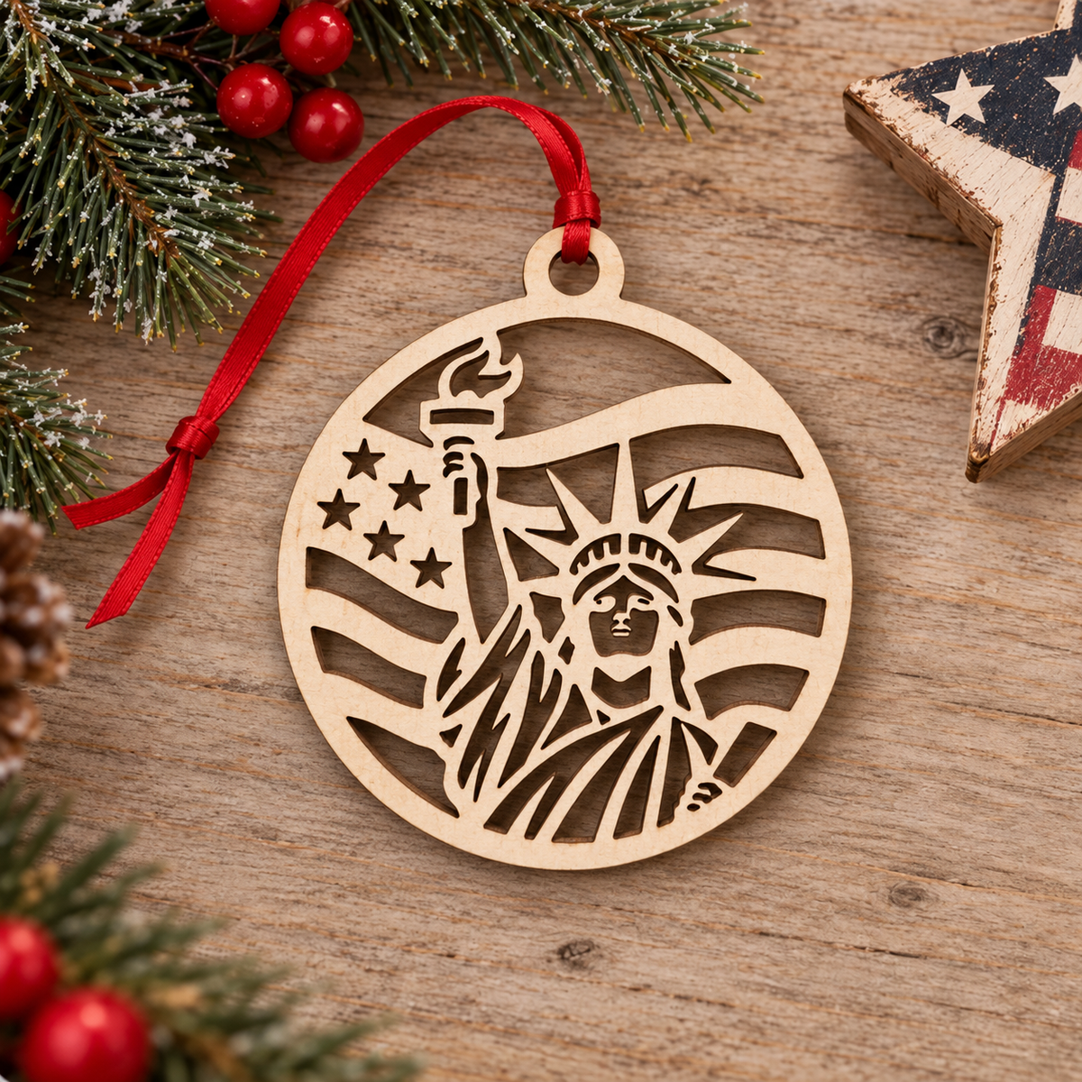 A round laser-cut wooden ornament featuring the Statue of Liberty and the American flag, hanging from a red ribbon on a rustic wooden surface with holiday greenery and red berries.
