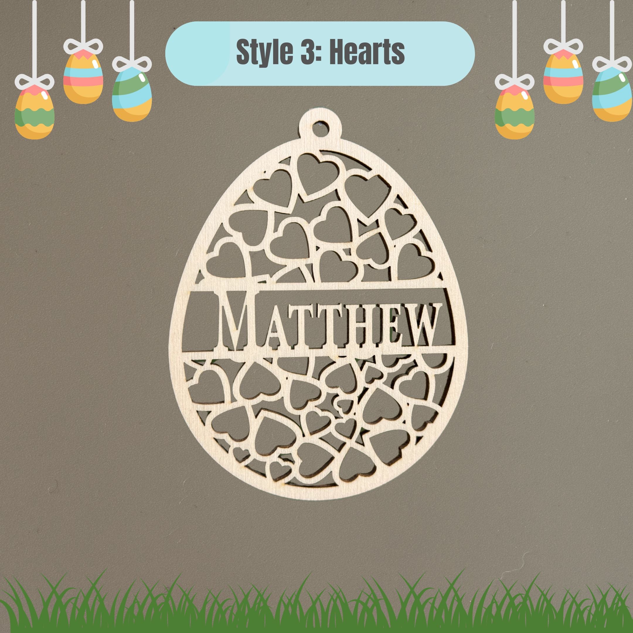 Easter egg ornament with heart shape. personalized with name.