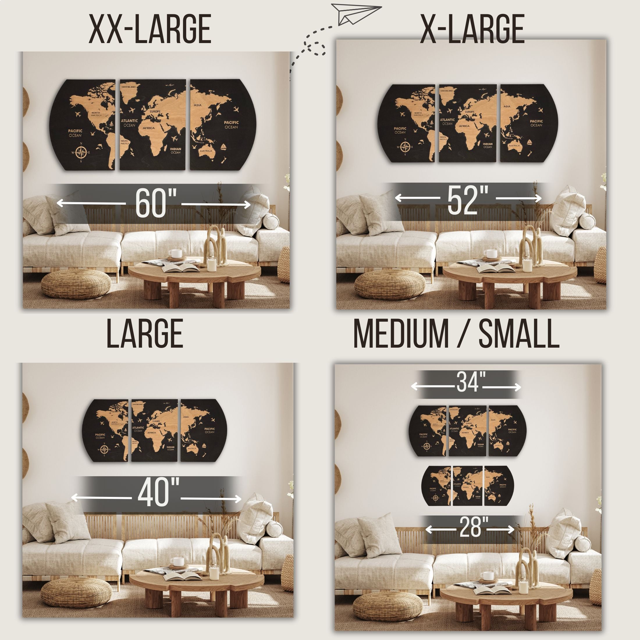 World map wall art displayed in various sizes with measurements in a living room setting.