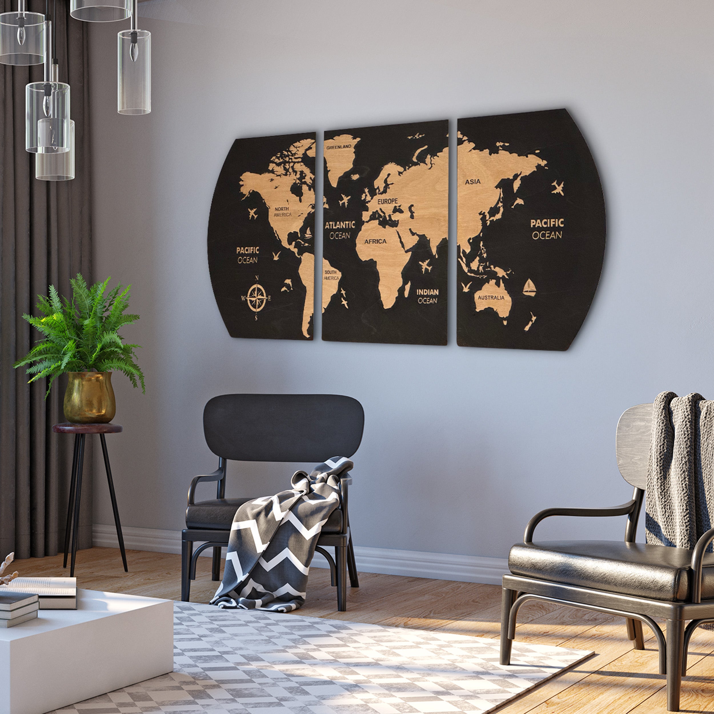 World map wall art in a living room setting with chairs and decor.