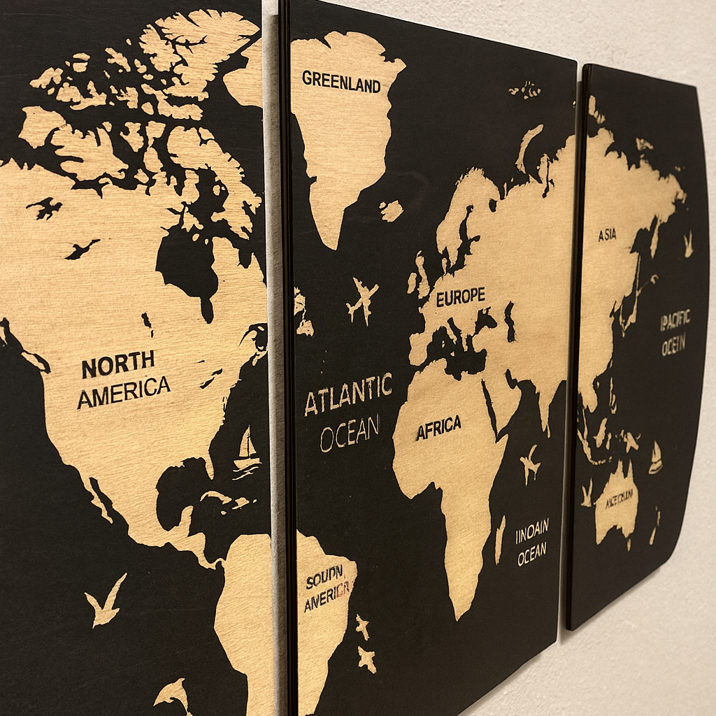 World map wall art on a beige background