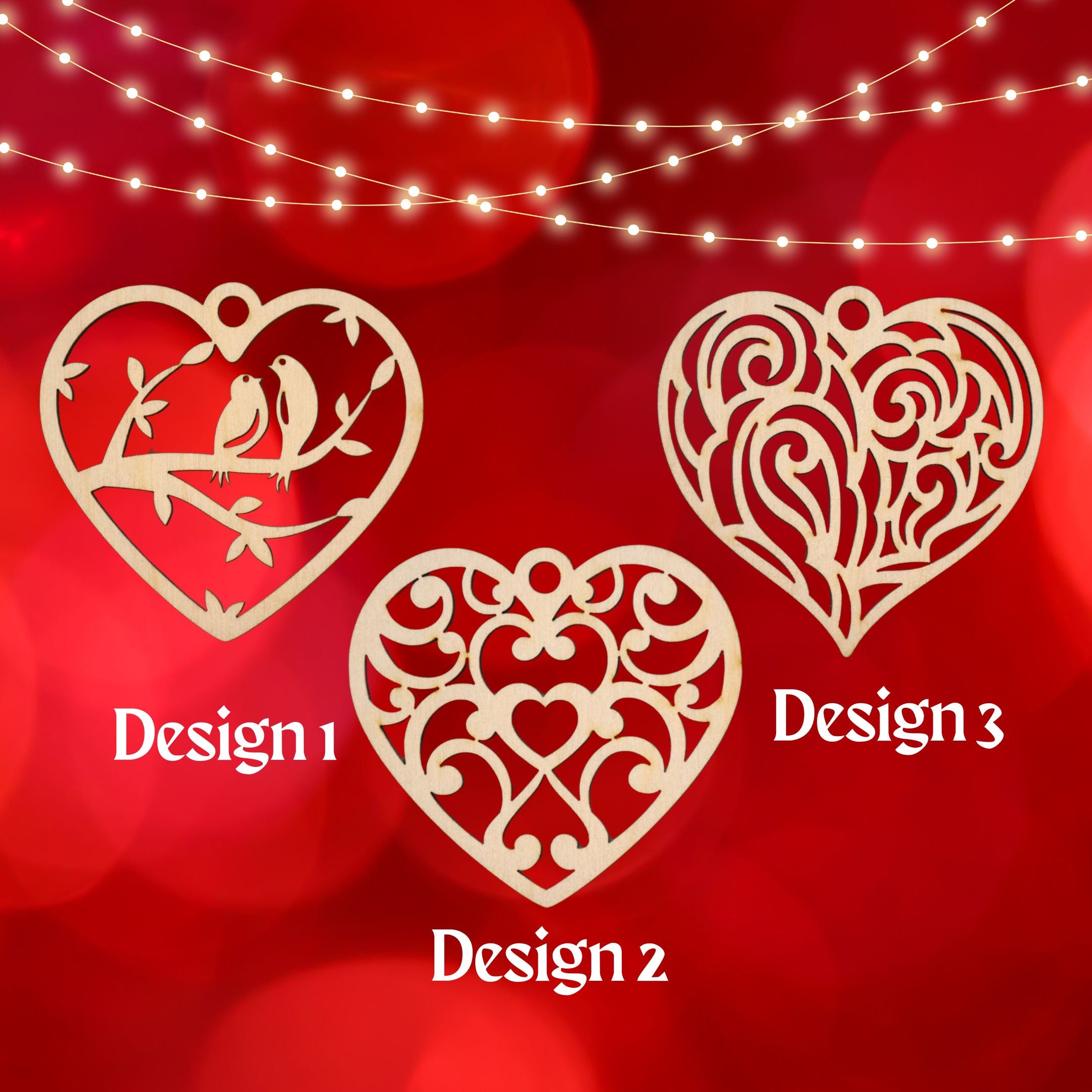 Three wooden heart-shaped ornaments with different cut-out designs, displayed against a red background with lights.