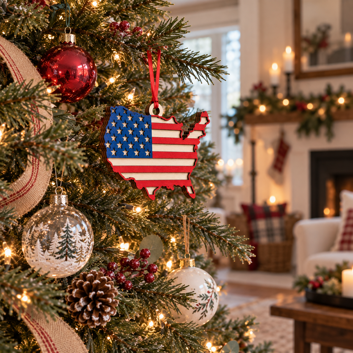 A Christmas ornament shaped like the United States map, decorated with an American flag pattern, hanging on a lit Christmas tree in a cozy living room setting.