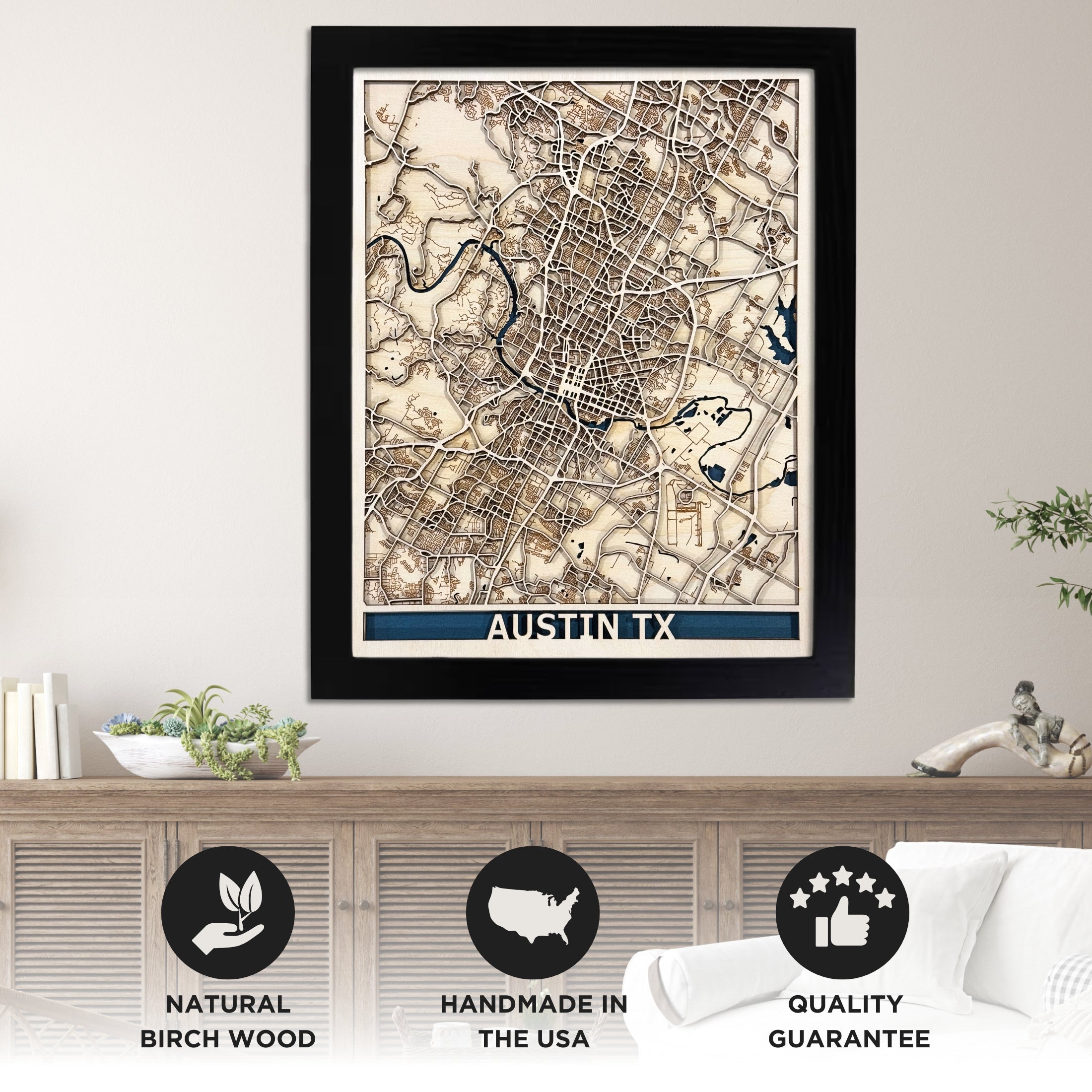 Detailed laser-cut wooden city map of Austin, Texas, crafted from Baltic birch for beautiful and durable wood wall art. A perfect blend of modern and rustic home decor.