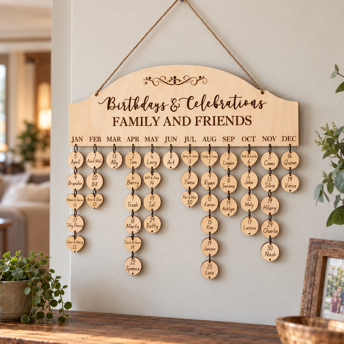 Personalized wooden birthday and celebration wall hanging with engraved text and hanging round tags, shown mounted on a wall in a styled home interior.