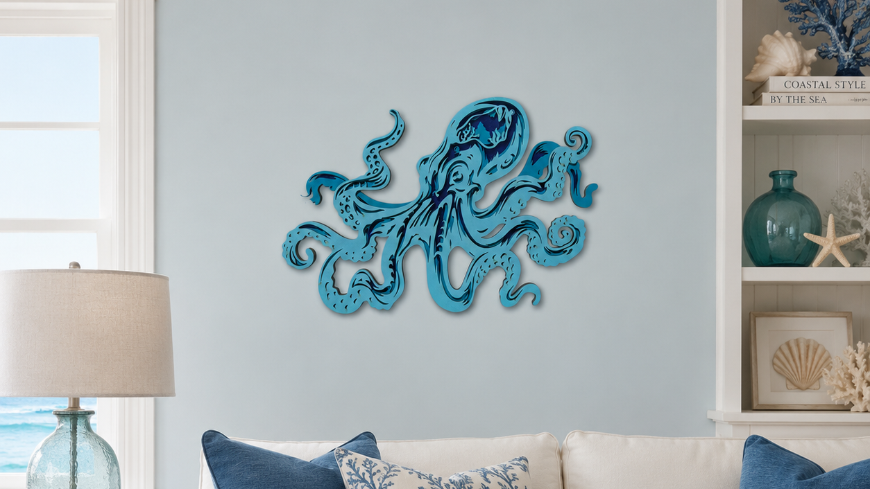 Living room with a blue octopus wall art piece, white sofa with decorative pillows, and a lamp.