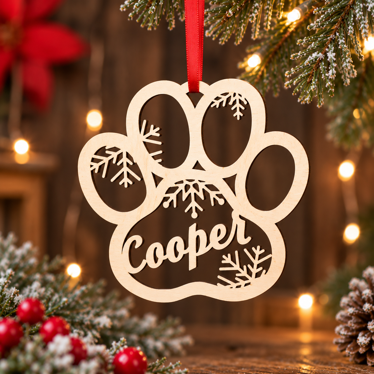 A personalized wooden Christmas ornament shaped like a paw print, hanging from a red ribbon. The ornament is laser-cut with the name 'Cooper' and snowflake details, set against a festive holiday background with lights, pine branches, and red berries.