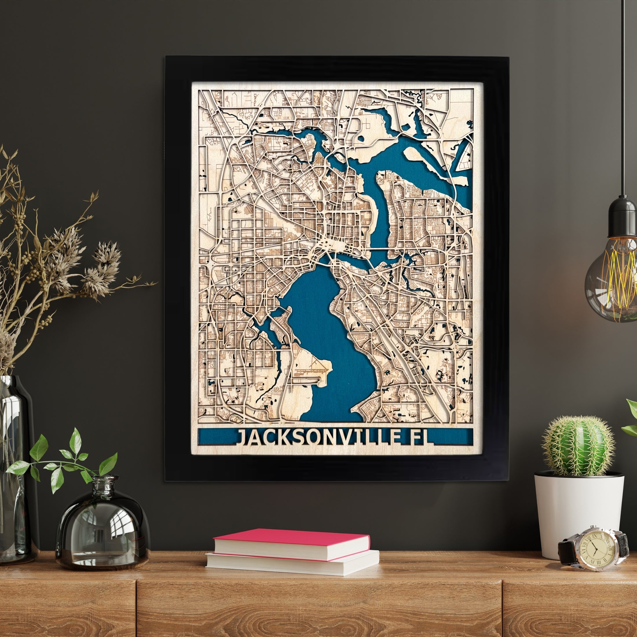 High-detail Jacksonville Florida wooden city map laser cut from premium Baltic birch. Features precise outlines of roads, waterways, and coastlines. This handcrafted wood wall art is ideal for Florida home decor, beach house style, or rustic minimalist map decor. A perfect Jacksonville wedding gift, Florida vacation keepsake, or custom anniversary gift for anyone who loves the city.