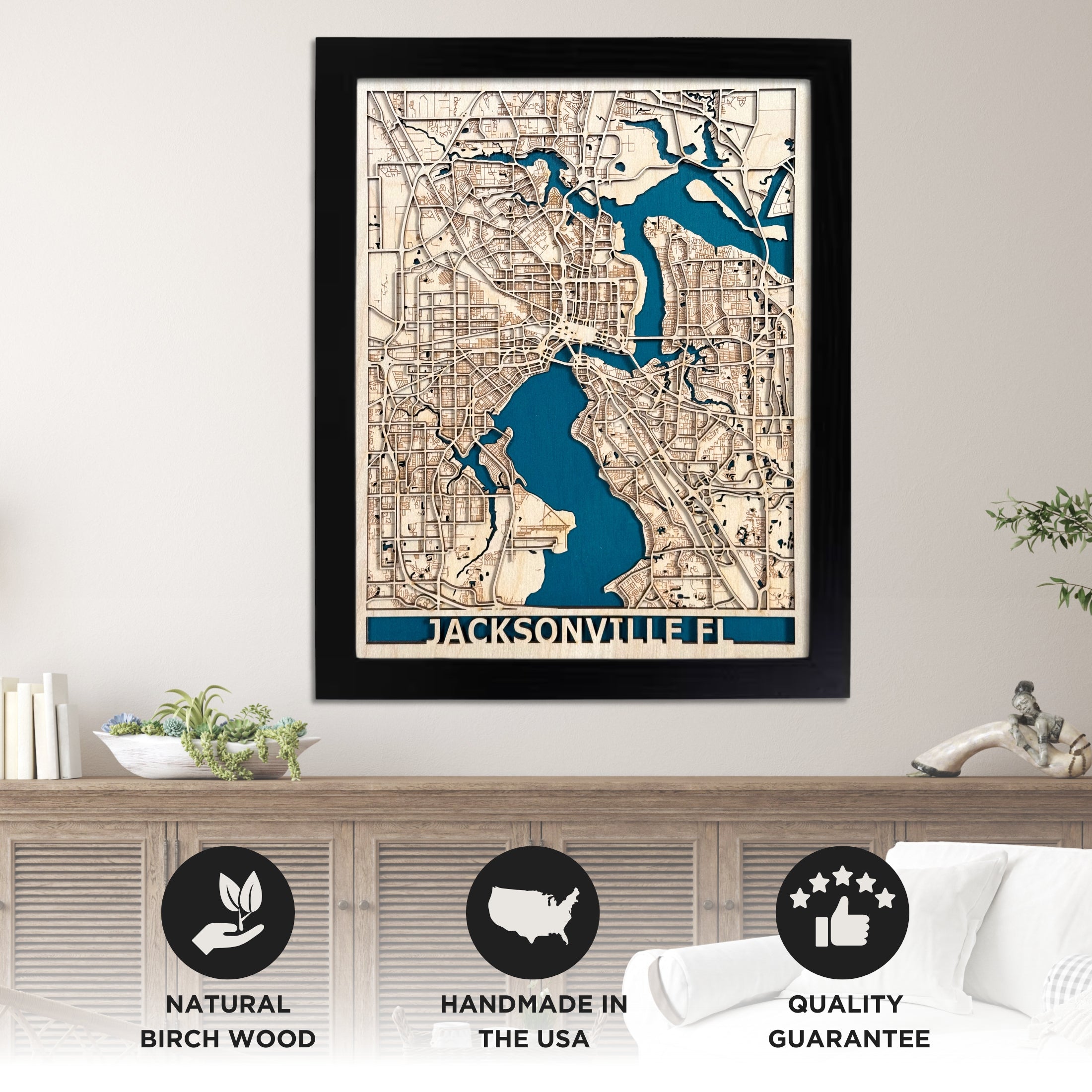 Jacksonville city map crafted from real wood – a timeless blend of custom home decor, Florida map art, and minimalist design. This detailed laser-cut wood wall hanging includes the St. Johns River and surrounding streets of Jacksonville Florida. Ideal as a wedding gift, 5th anniversary wood gift, or housewarming gift. Great for locals, former residents, or anyone celebrating a special moment in Jacksonville FL.