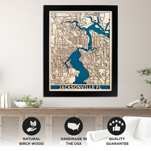 Jacksonville city map crafted from real wood – a timeless blend of custom home decor, Florida map art, and minimalist design. This detailed laser-cut wood wall hanging includes the St. Johns River and surrounding streets of Jacksonville Florida. Ideal as a wedding gift, 5th anniversary wood gift, or housewarming gift. Great for locals, former residents, or anyone celebrating a special moment in Jacksonville FL.