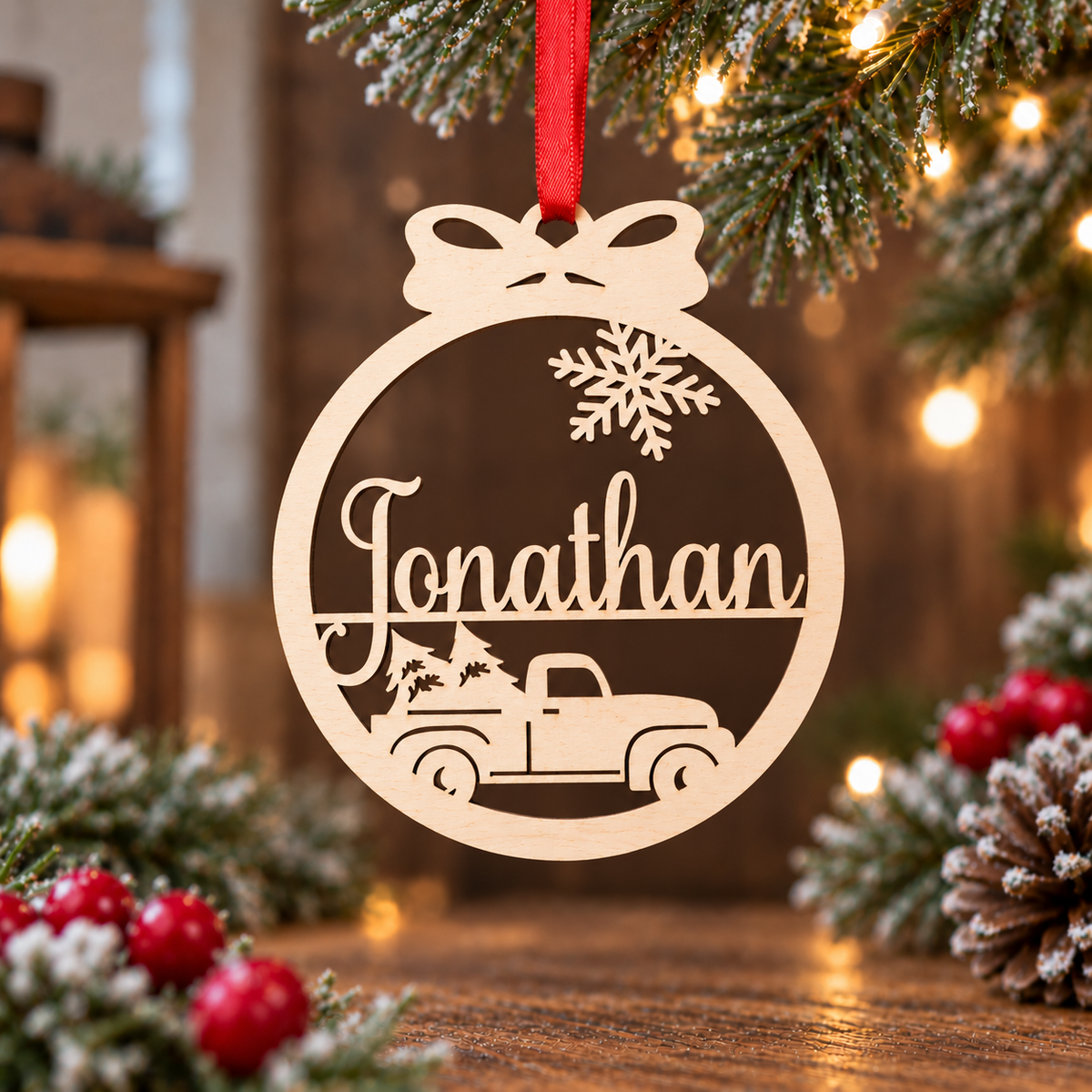 A personalized wooden Christmas ornament hanging from a red ribbon, featuring a cutout name 'Jonathan', a snowflake, and a vintage truck carrying a tree. The ornament is displayed on a rustic wooden table surrounded by holiday greenery, pinecones, and warm string lights.