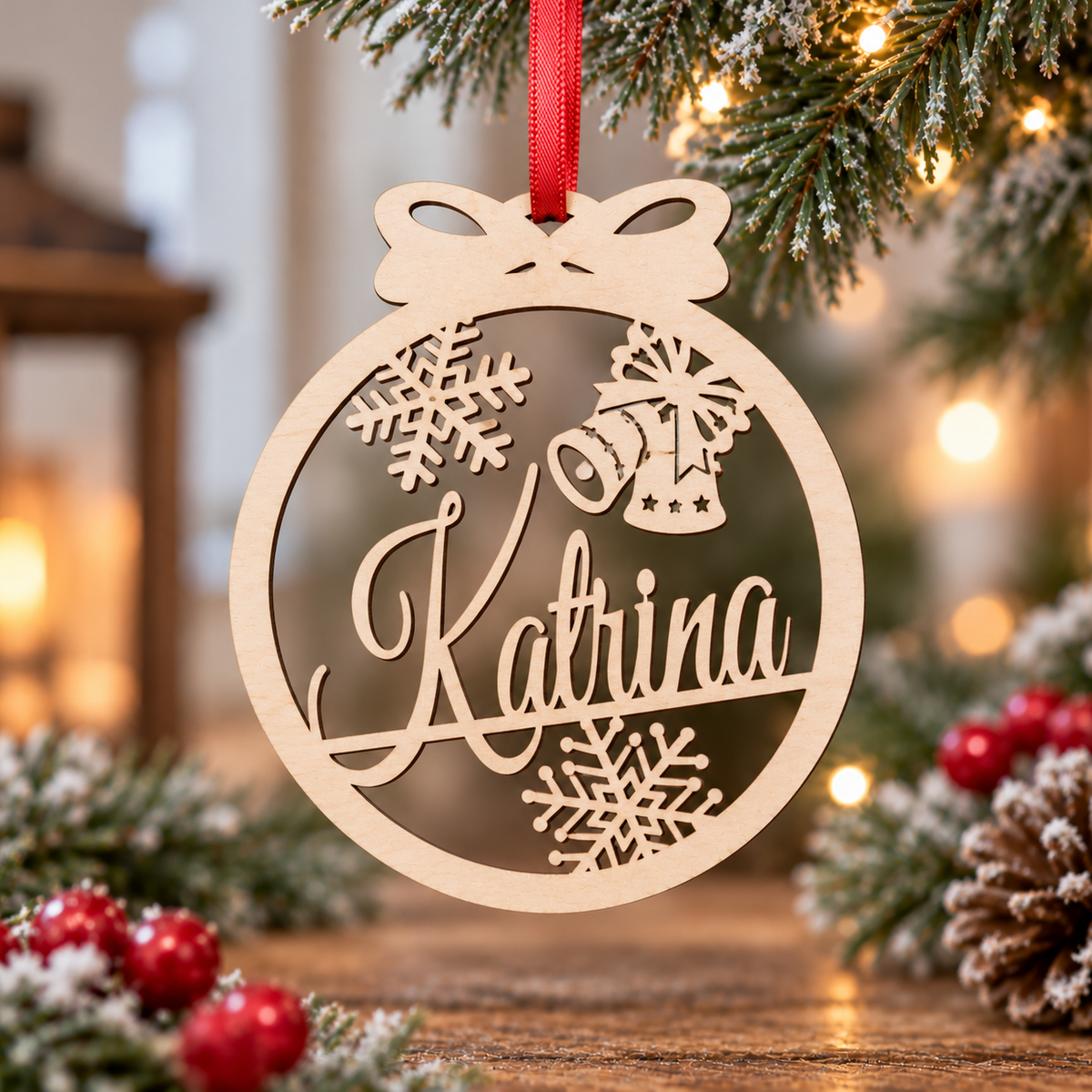 A personalized wooden Christmas ornament hanging from a red ribbon, featuring the name 'Katrina' in cursive with laser-cut snowflakes, a bell, and bow details. The ornament is displayed on a rustic table surrounded by pine branches, red berries, and warm bokeh holiday lights.