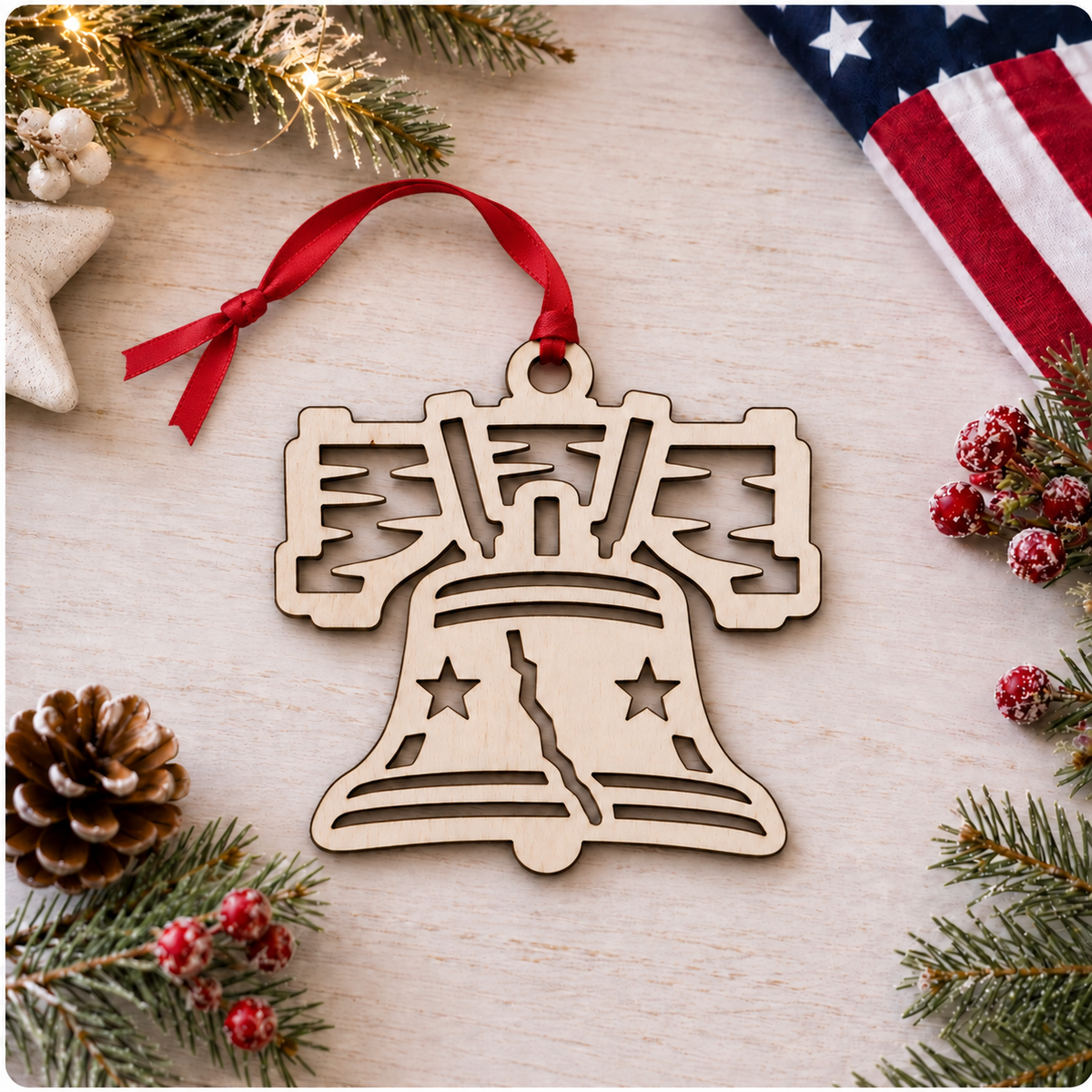 A laser-cut wooden Liberty Bell Christmas ornament with a red ribbon hanger, displayed on a light wood surface surrounded by festive holiday decorations including pine branches, a pinecone, red berries, and a corner of an American flag.