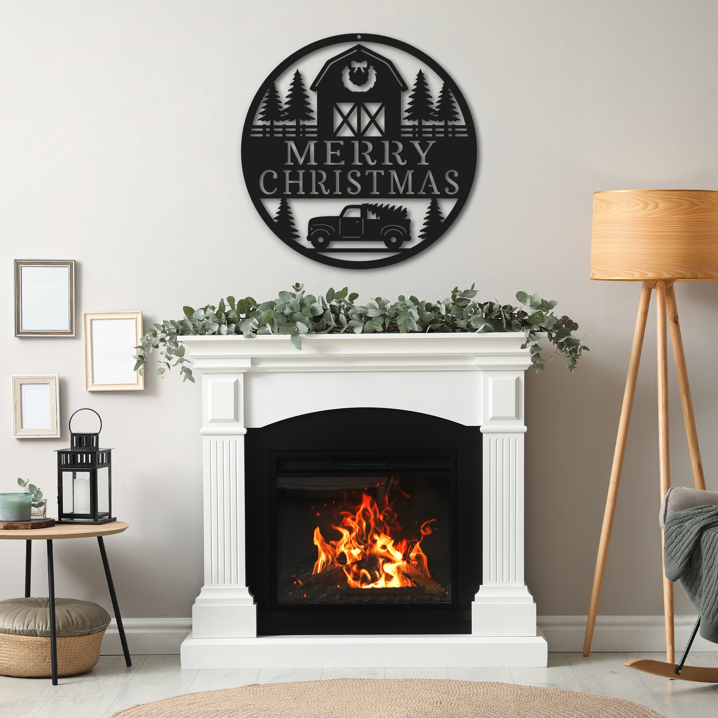 Decorative Christmas wall sign above a fireplace with a warm glow.   Black merry christmas farmhouse wood wall art.