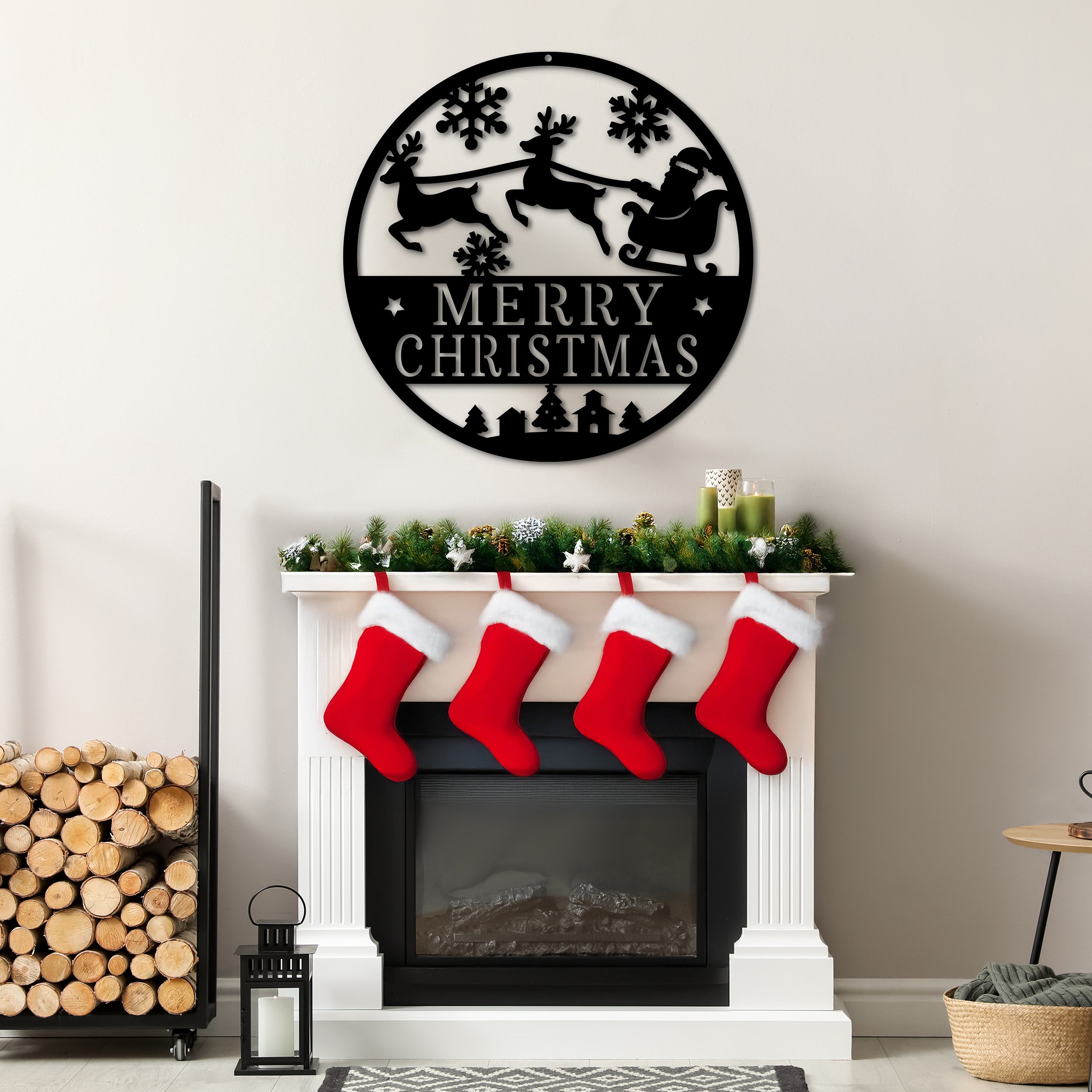 Decorative Christmas sign above a fireplace with stockings.