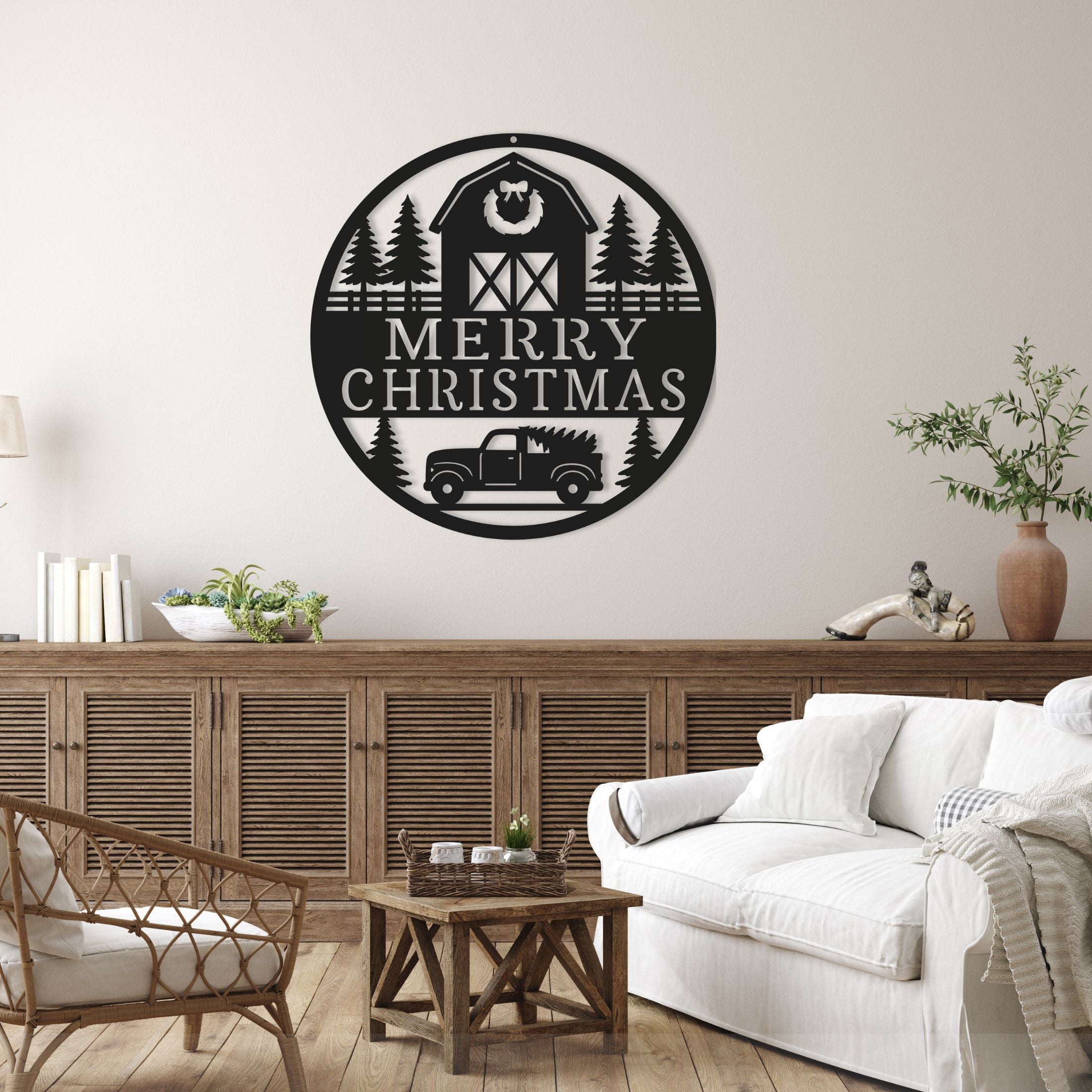 Decorative wall sign with 'Merry Christmas' text in a living room setting.