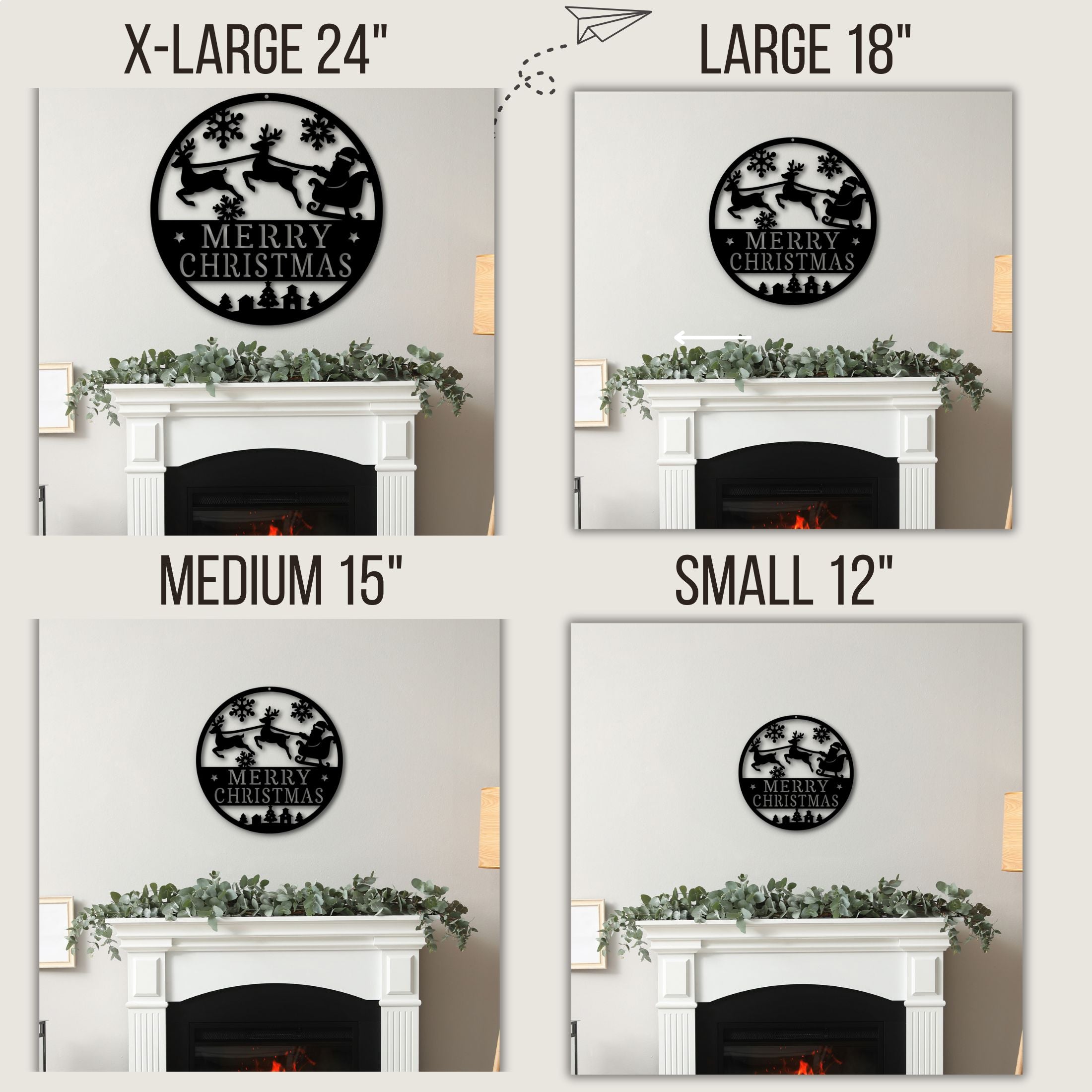 Four sizes of a Christmas-themed metal wall art piece displayed on a fireplace.