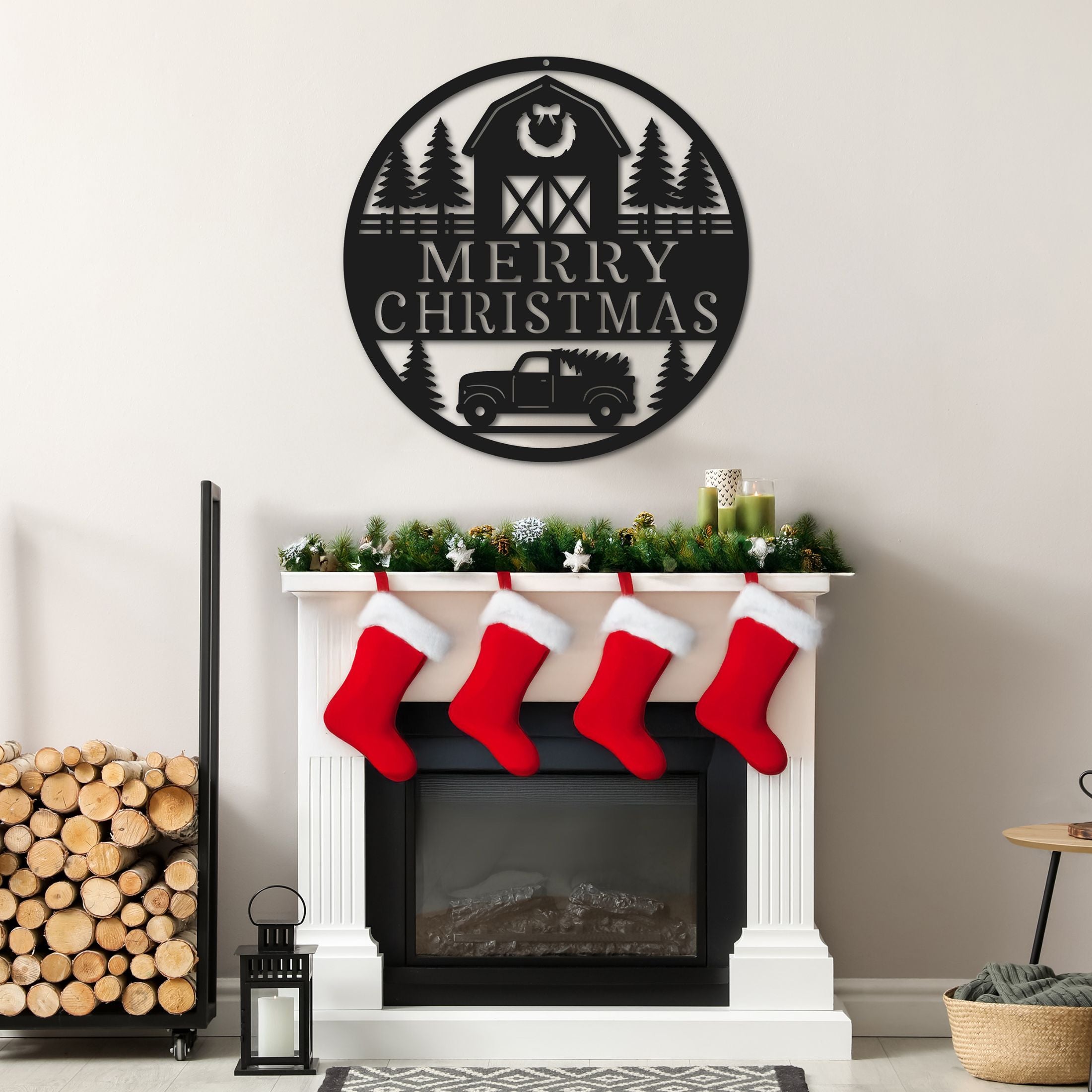 Decorative wall art with 'Merry Christmas' text above a fireplace with stockings.