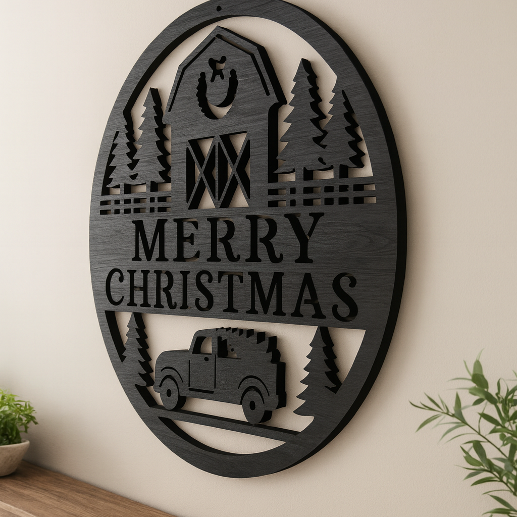 Decorative metal wall art with 'Merry Christmas' text and car design on a beige wall.