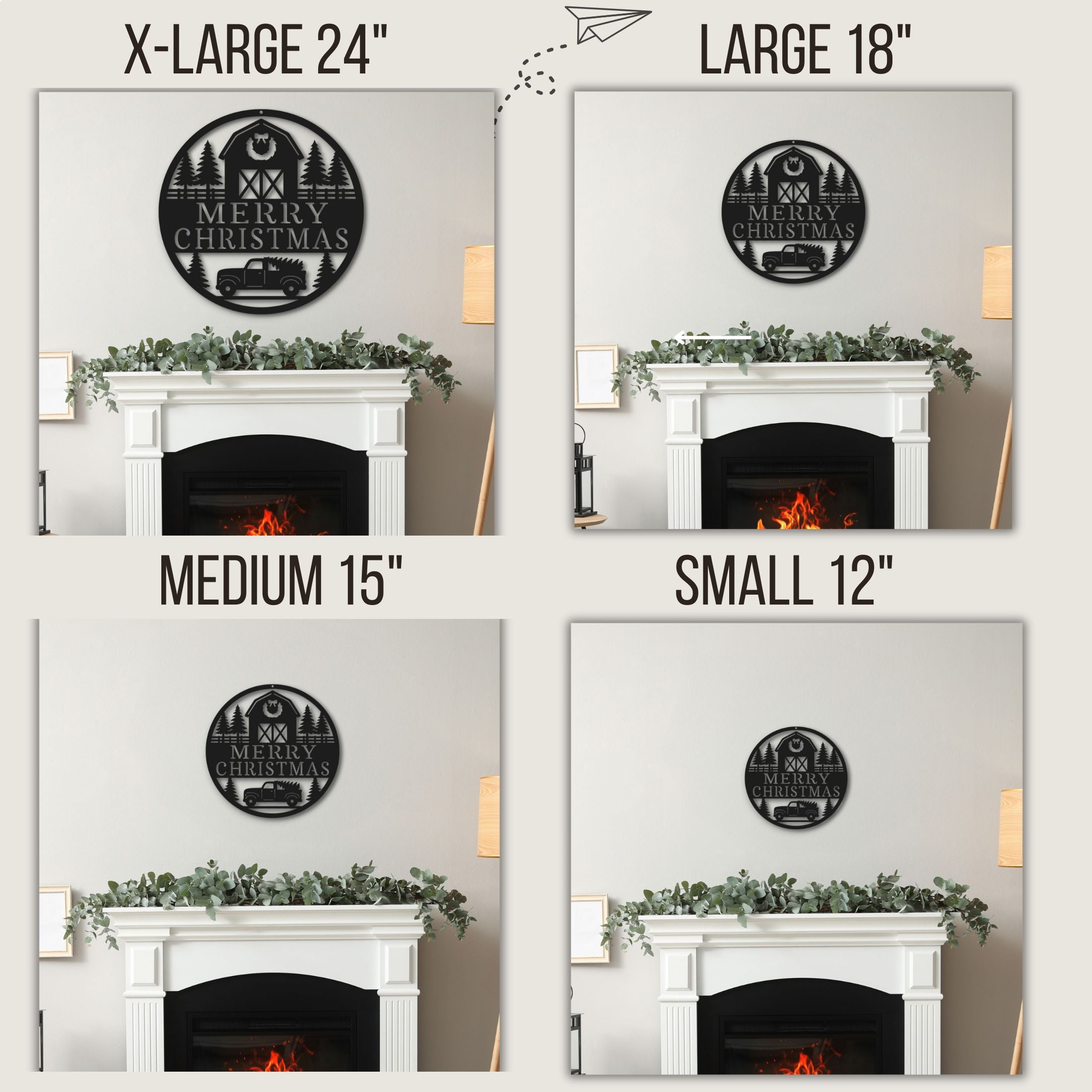 Decorative Christmas sign with size options displayed on a fireplace.
