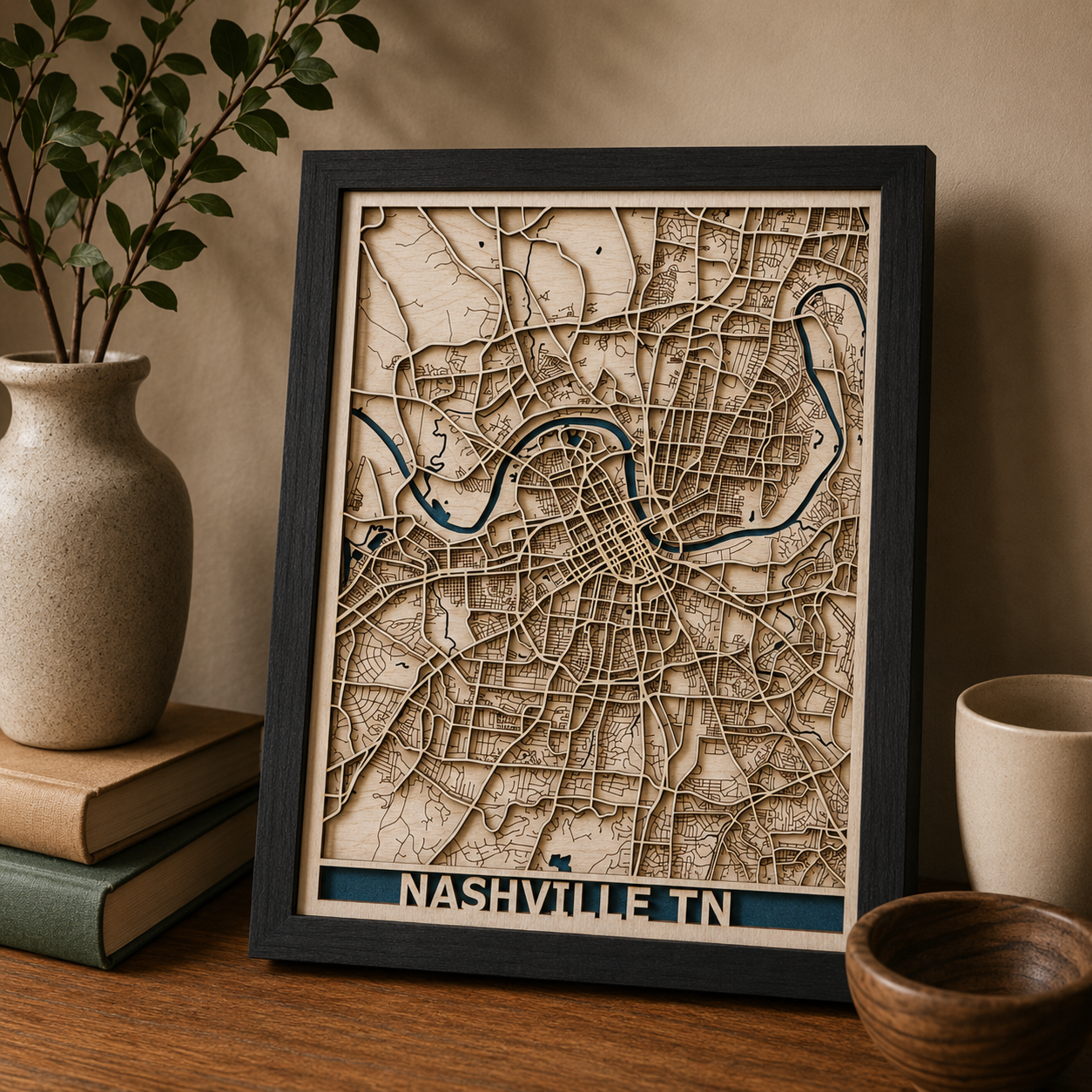 A framed 3D laser-cut wooden map of Nashville, TN, displayed on a wooden table next to a ceramic vase with greenery, books, and a small bowl.