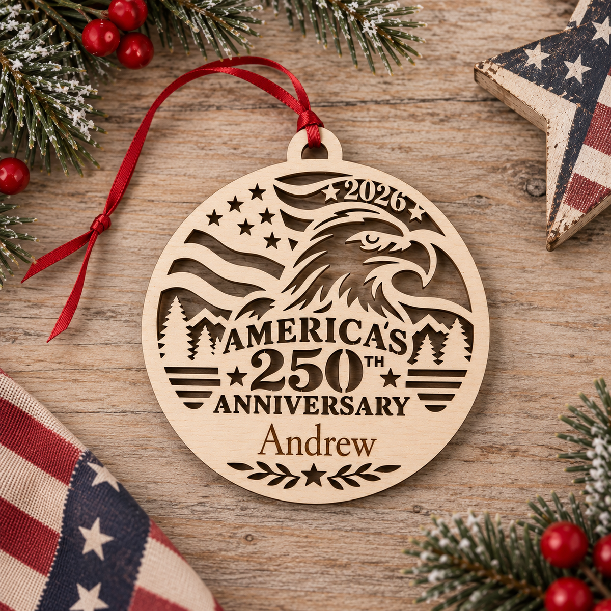 A personalized round wooden Christmas ornament engraved with an eagle, stars, mountains, and the text '2026', 'AMERICA'S 250th ANNIVERSARY', and the name 'Andrew', hanging from a red ribbon on a rustic wood surface with holiday decorations around it.