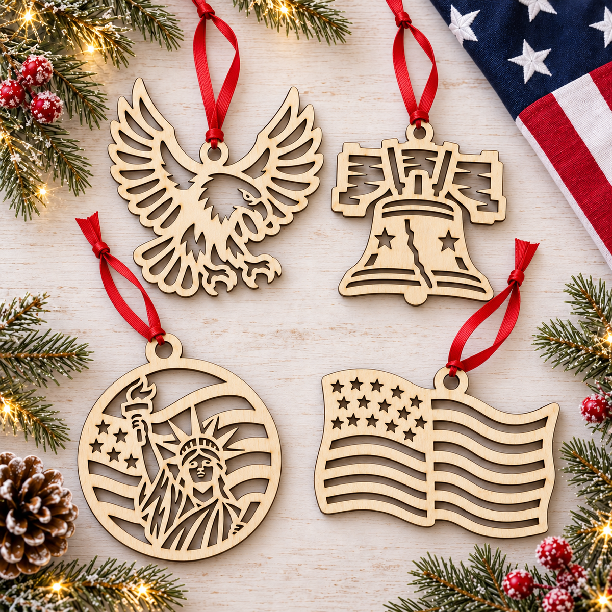 Four laser-cut wooden Christmas ornaments shaped like an eagle, the Liberty Bell, the Statue of Liberty, and a waving American flag, each hanging from a red ribbon on a light wood surface with holiday greenery, lights, and a U.S.
