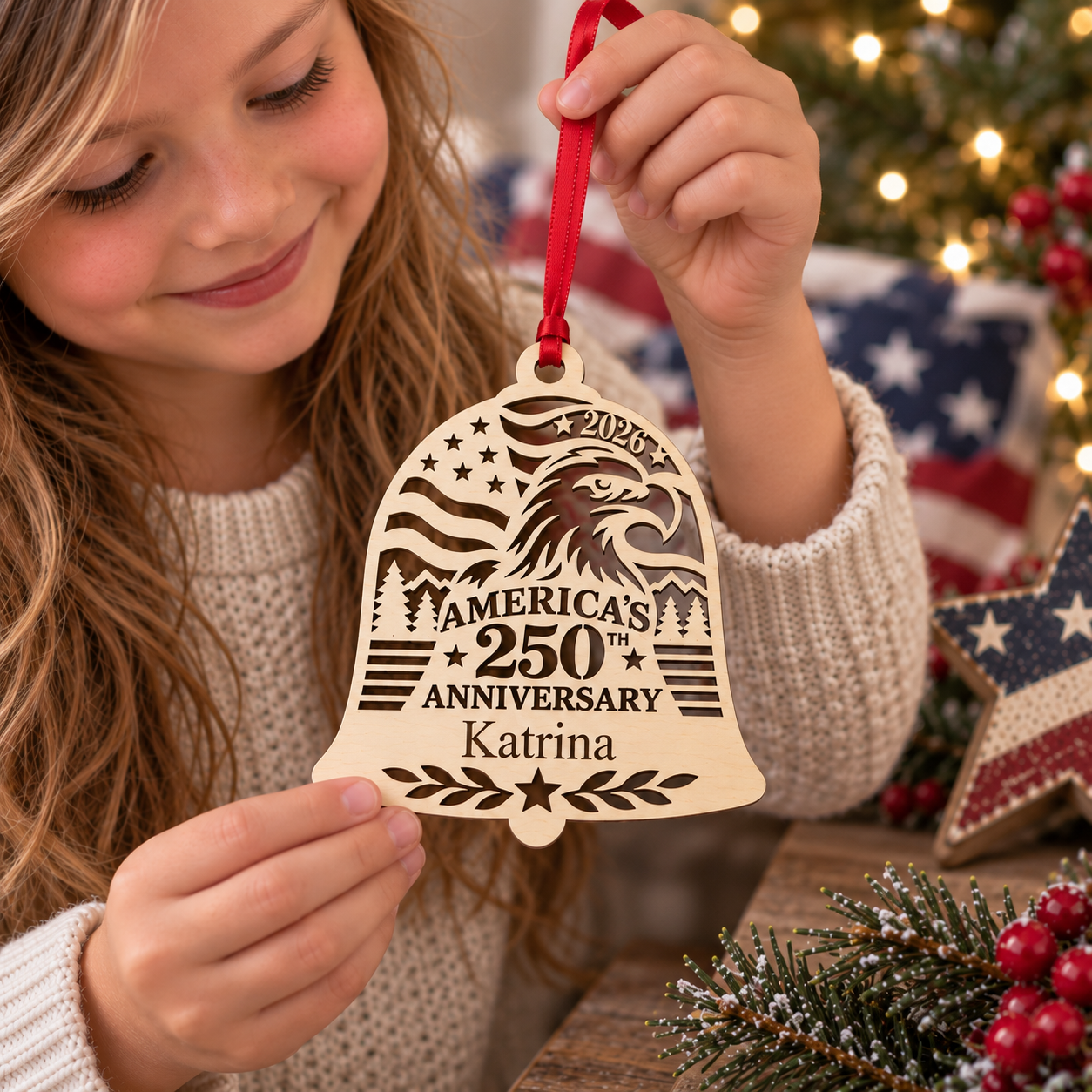 A young girl holds a personalized wooden Christmas bell ornament with a red hanging ribbon. The ornament features a laser-cut design of an eagle, stars, and the text 'America's 250th Anniversary Katrina'.