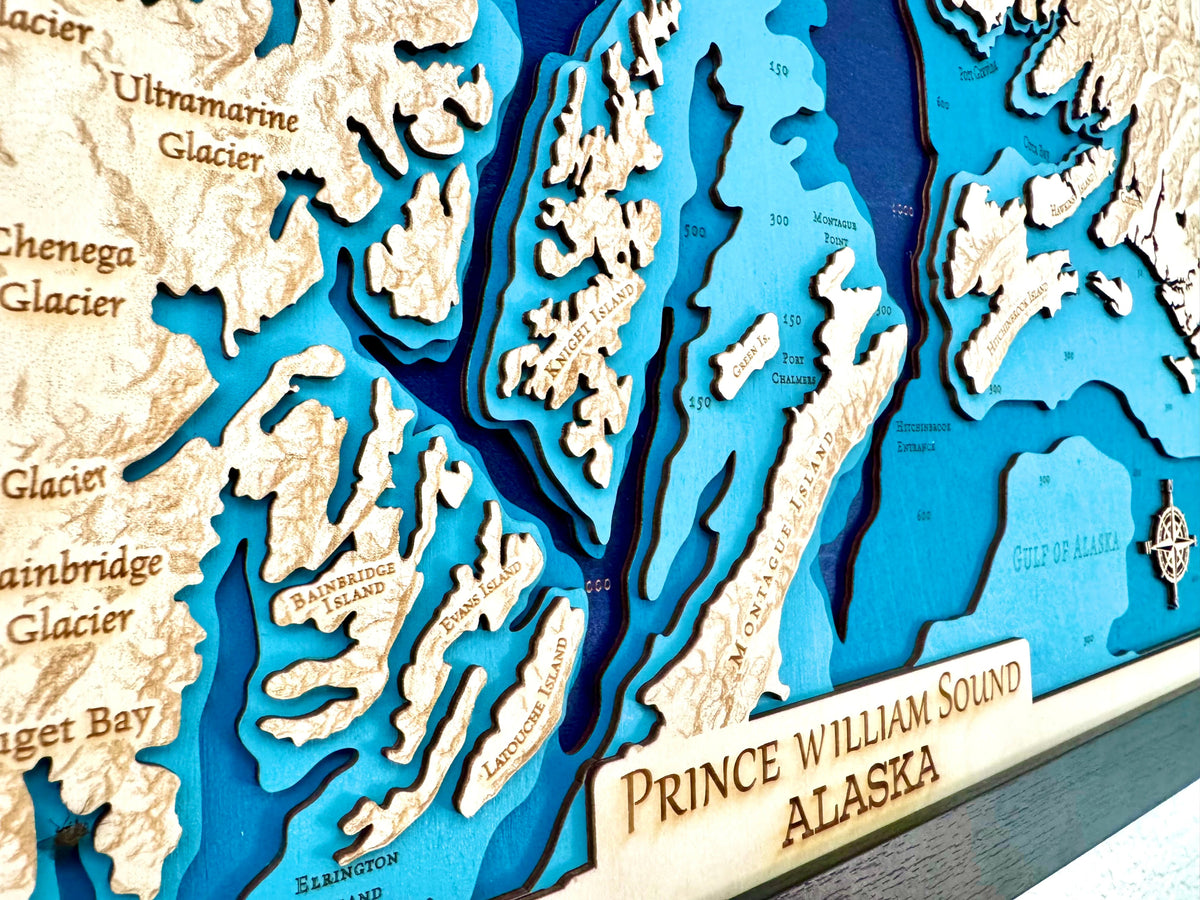 Topographic map of Prince William Sound, Alaska with detailed topography and branding.
