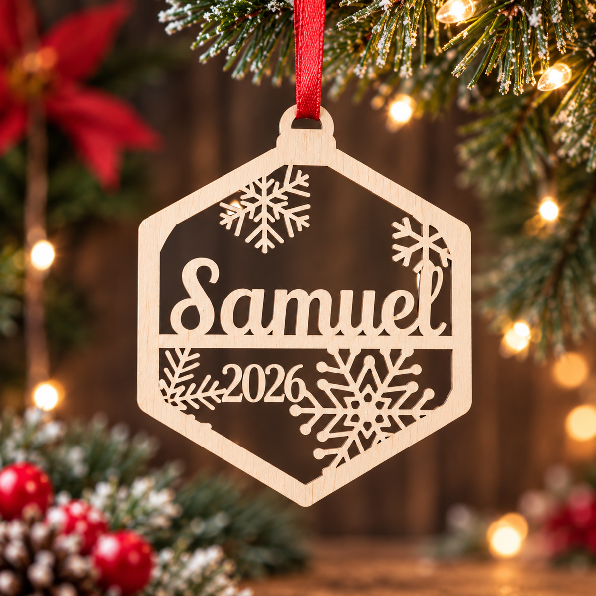 A personalized wooden Christmas ornament hanging from a red ribbon on a decorated Christmas tree. The hexagonal ornament features laser-cut snowflakes and the text 'Samuel 2026' in light natural wood against a dark background, with warm holiday lights and pine branches blurred in the background.