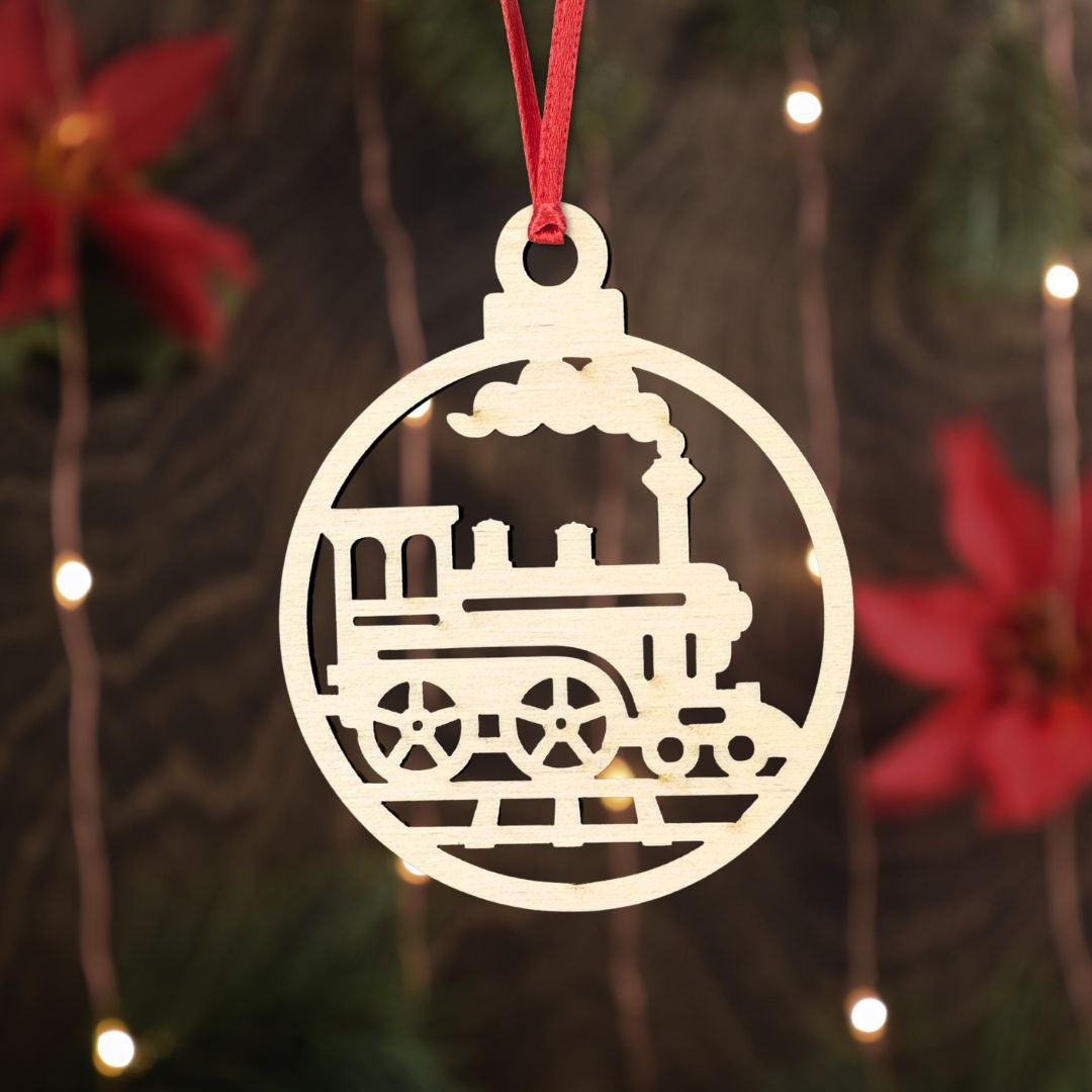 Decorative vintage Christmas ornament with train design on a blurred festive background