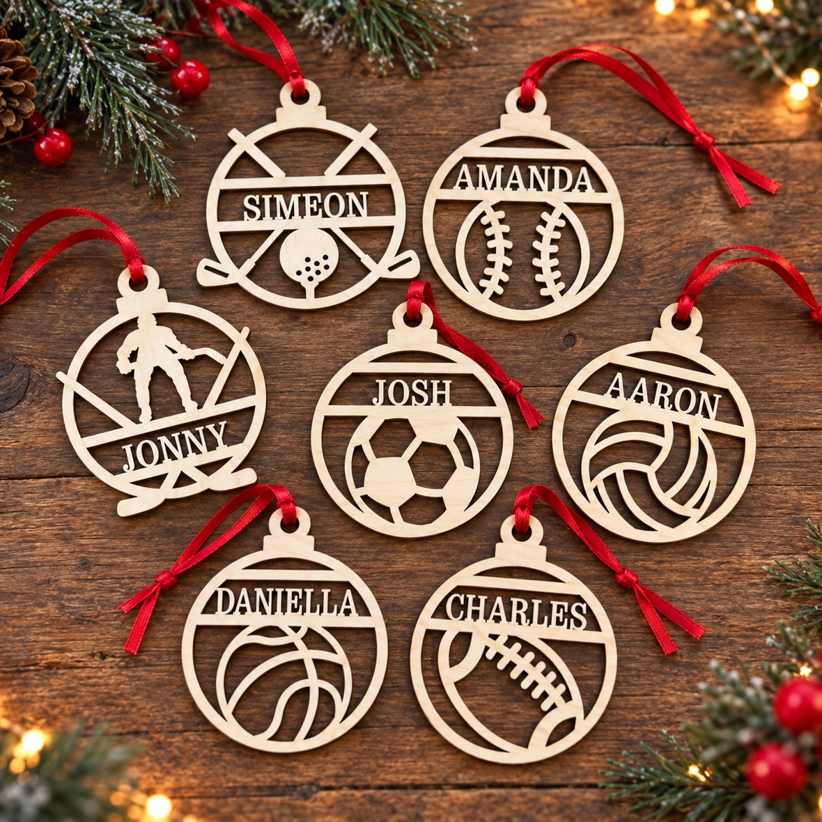 Seven personalized wooden Christmas ornaments with sports-themed cutouts and red hanging ribbons, arranged on a rustic wooden surface with pine branches and warm string lights.