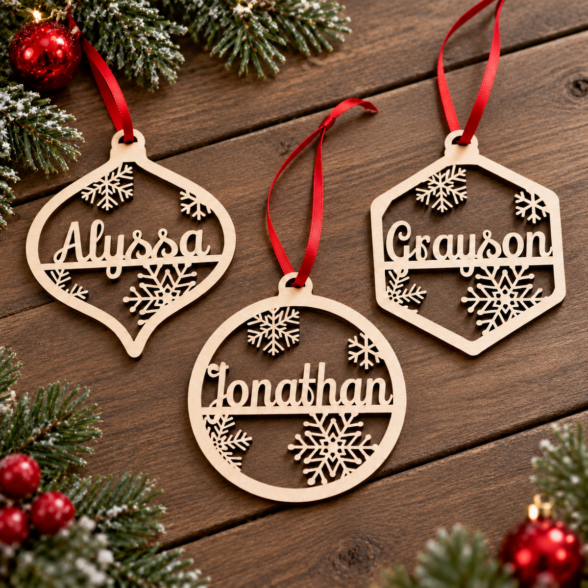 Three personalized wooden Christmas ornaments with laser-cut snowflake designs hang from red ribbons on a dark wood surface, surrounded by pine branches and red ornaments.
