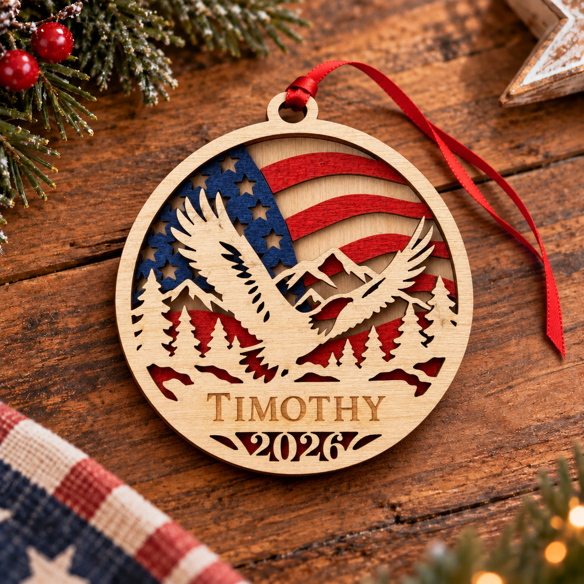 Personalized wooden Christmas ornament featuring a laser-cut eagle, mountains, trees, and American flag design with the name 'TIMOTHY' and '2026', hanging on a rustic wooden surface with holiday decorations.
