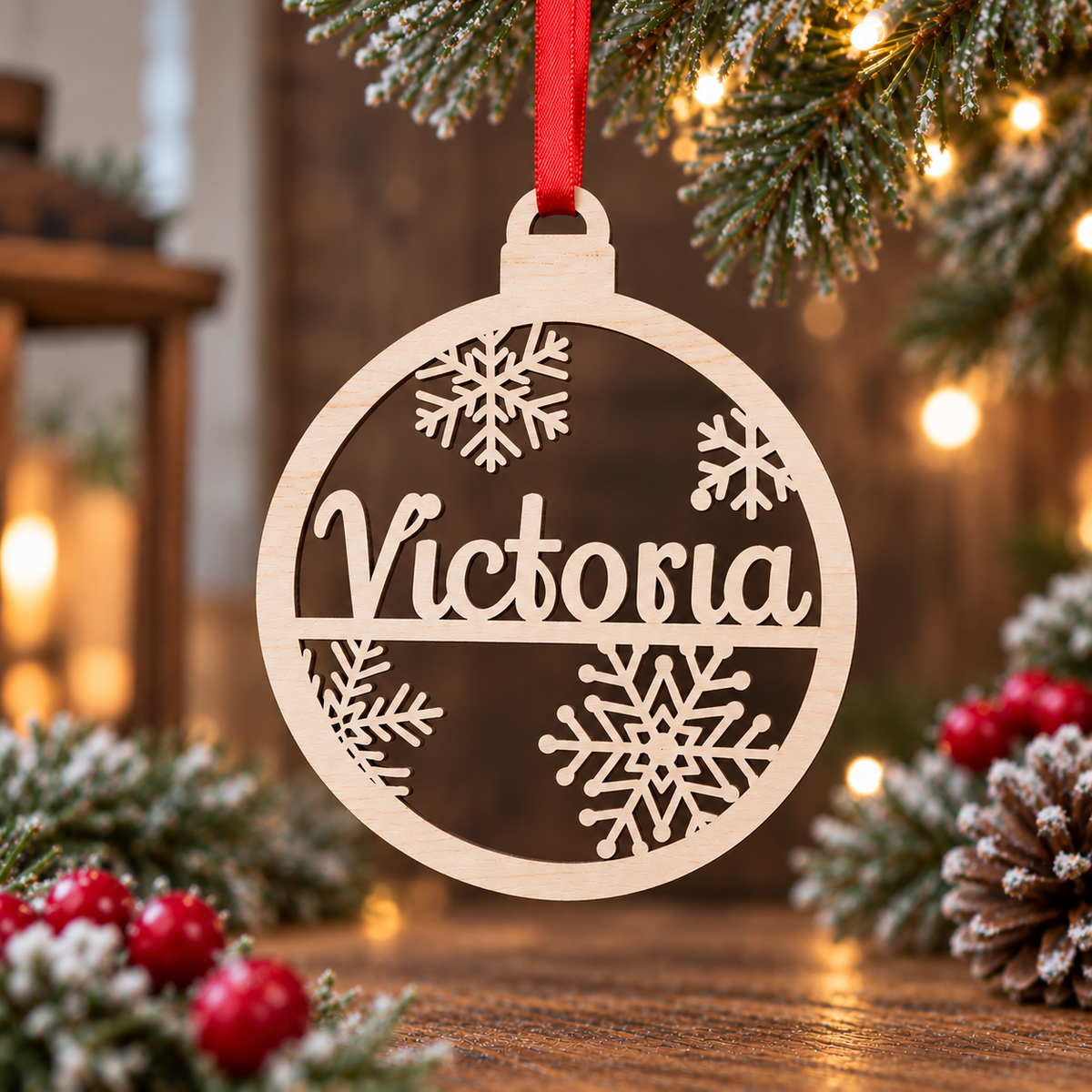 A personalized wooden Christmas ornament hanging from a red ribbon, featuring the name 'Victoria' in script and snowflake cutouts, set against a warm, festive holiday background with lights, pine branches, and red berries.